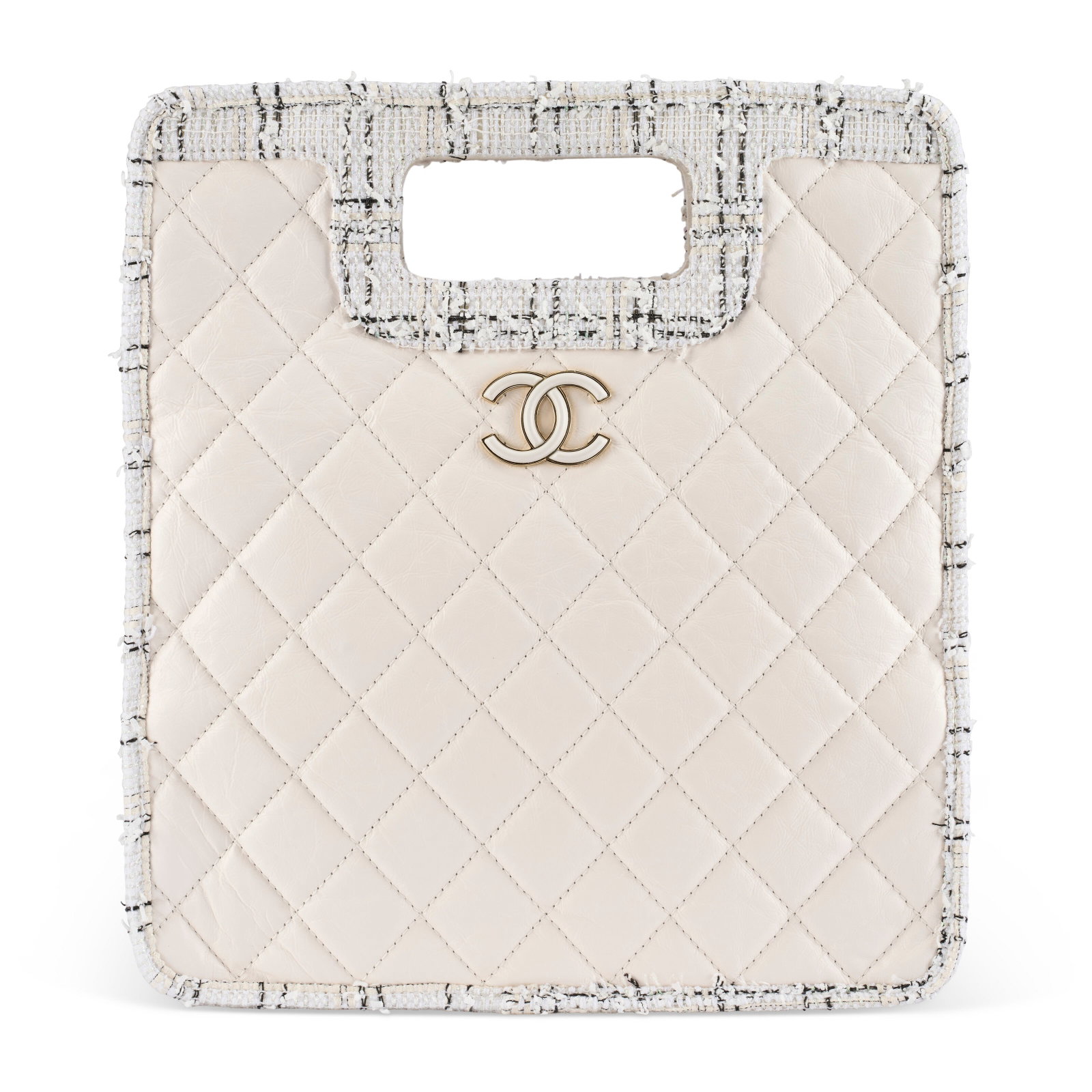 A WHITE AGED CALFSKIN LEATHER & TWEED SMALL SHOPPING BAG WITH LIGHT GOLD HARDWARE CHANEL, SPRING: Details GRADE: 1.5 26 w x 29 h x 6 d cm Includes authenticity card and Christie's dust bag.