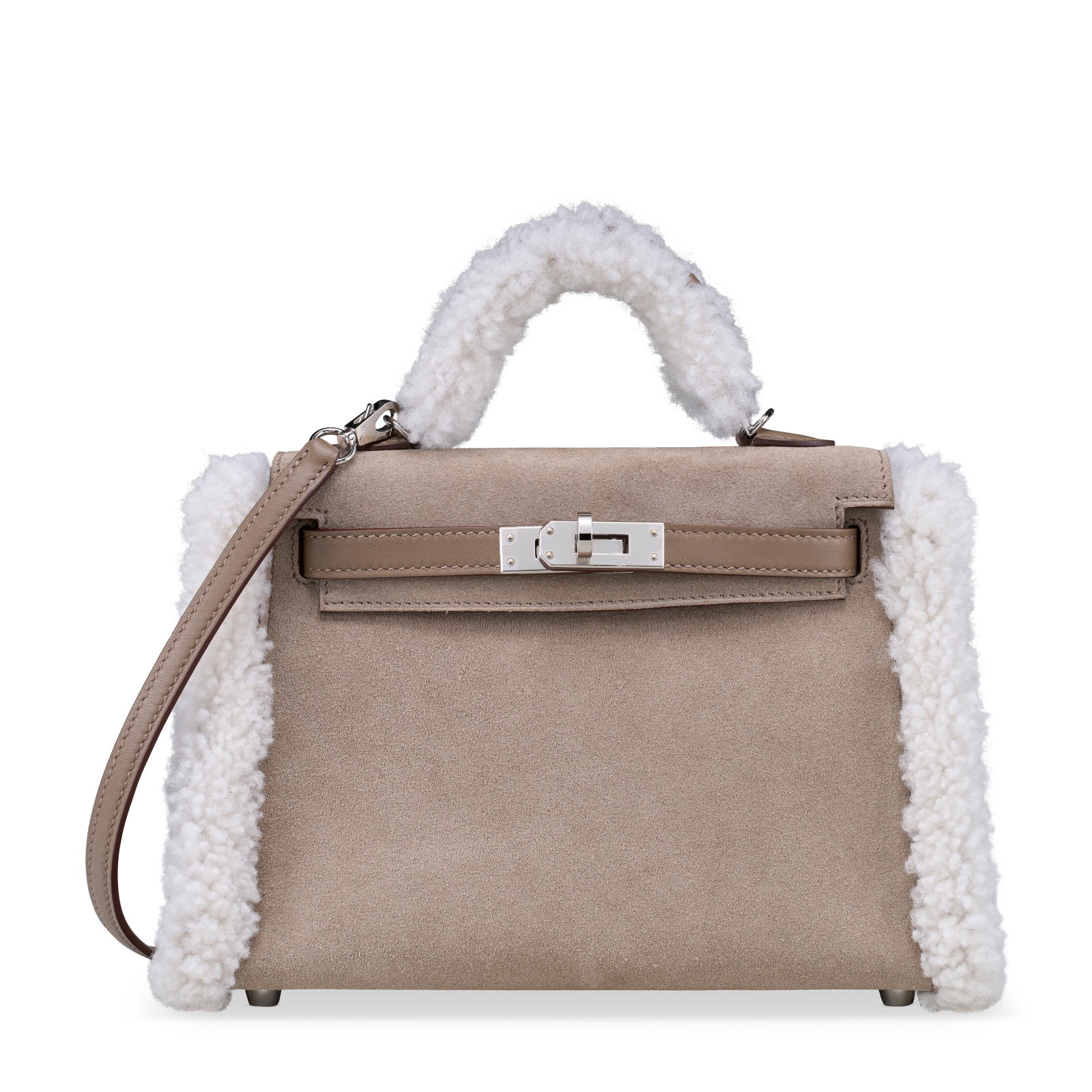 A LIMITED EDITION GRIS CAILLOU GRIZZLY LEATHER, ÉTOUPE SWIFT LEATHER & ÉCRU SHEARLING MINI: Details GRADE: 1.5 22 w x 15 h x 8 d cm Includes shoulder strap, small dust bag, dust bag, felt protector, care card, and limited edition blue box.