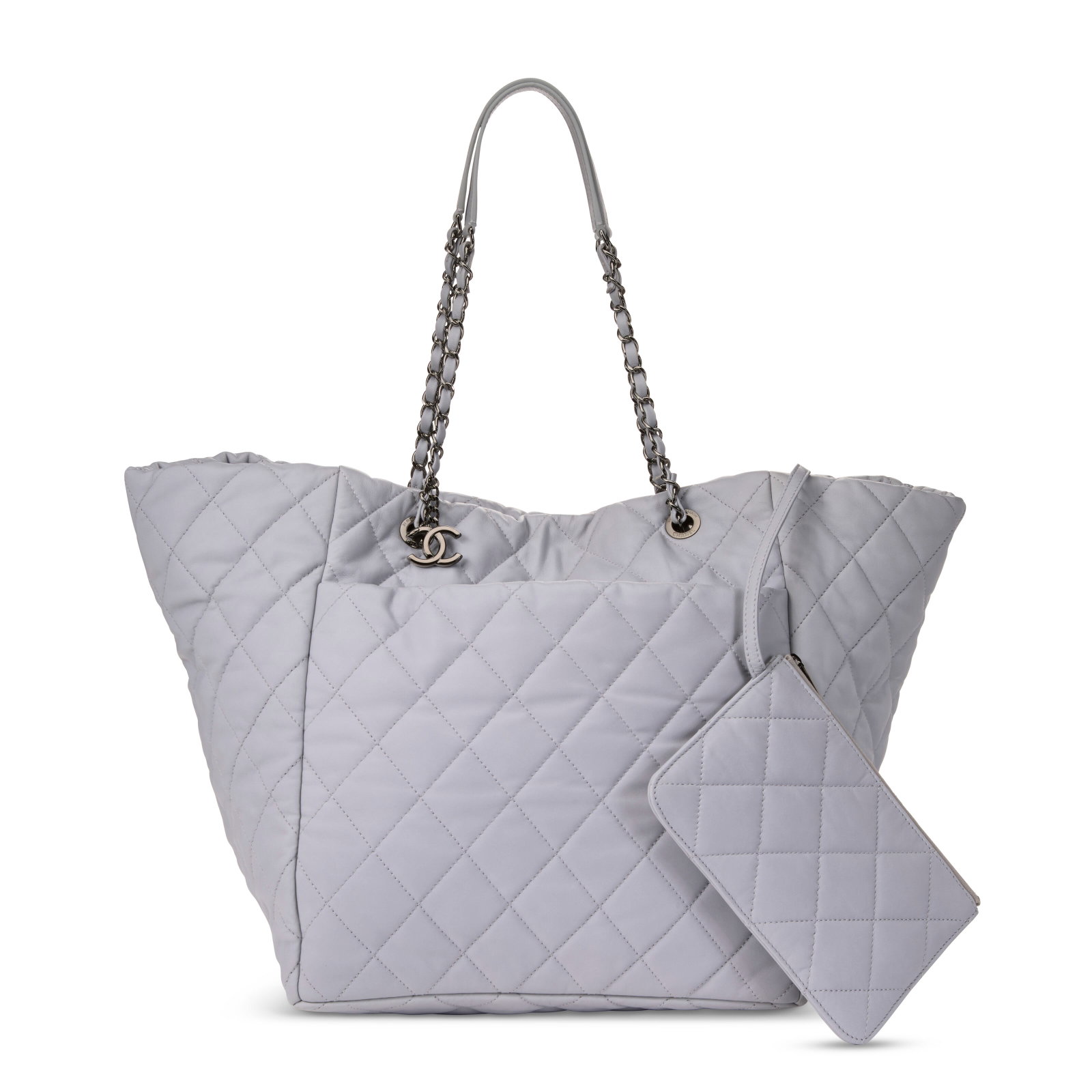 A GREY QUILTED LAMBSKIN LEATHER XL SHOPPING TOTE WITH SILVER HARDWARE CHANEL, 2017: Details GRADE: 2 30 w x 33 h x 28 d cm Includes retail tag, authenticity card and Christie's dustbag.