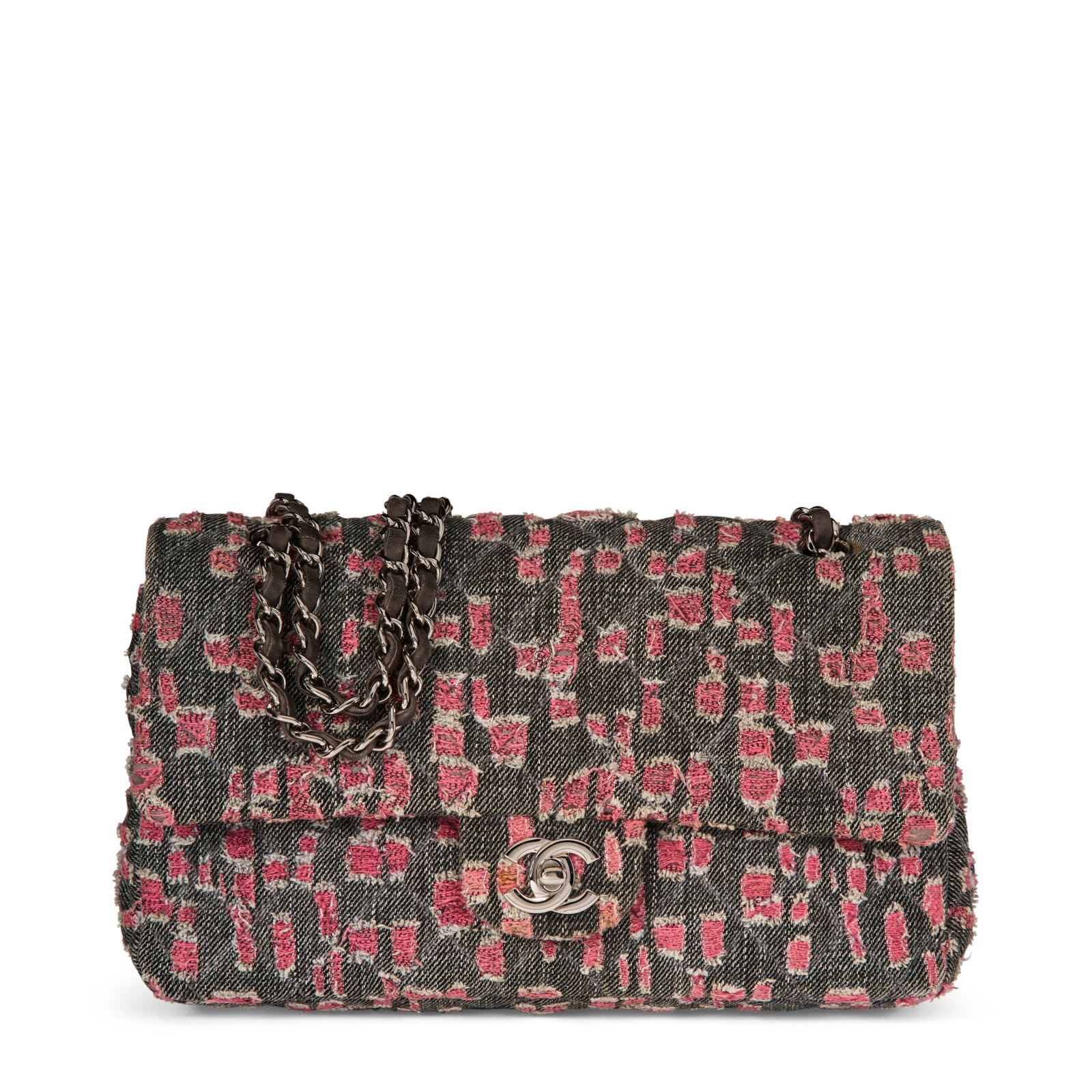 A GREY & PINK QUILTED DISTRESSED DENIM CLASSIC MEDIUM DOUBLE FLAP BAG WITH SILVER HARDWARE CHANEL,: Details GRADE: 3 25 w x 15 h x 6 d cm Includes authenticity card and Christie's dust bag.