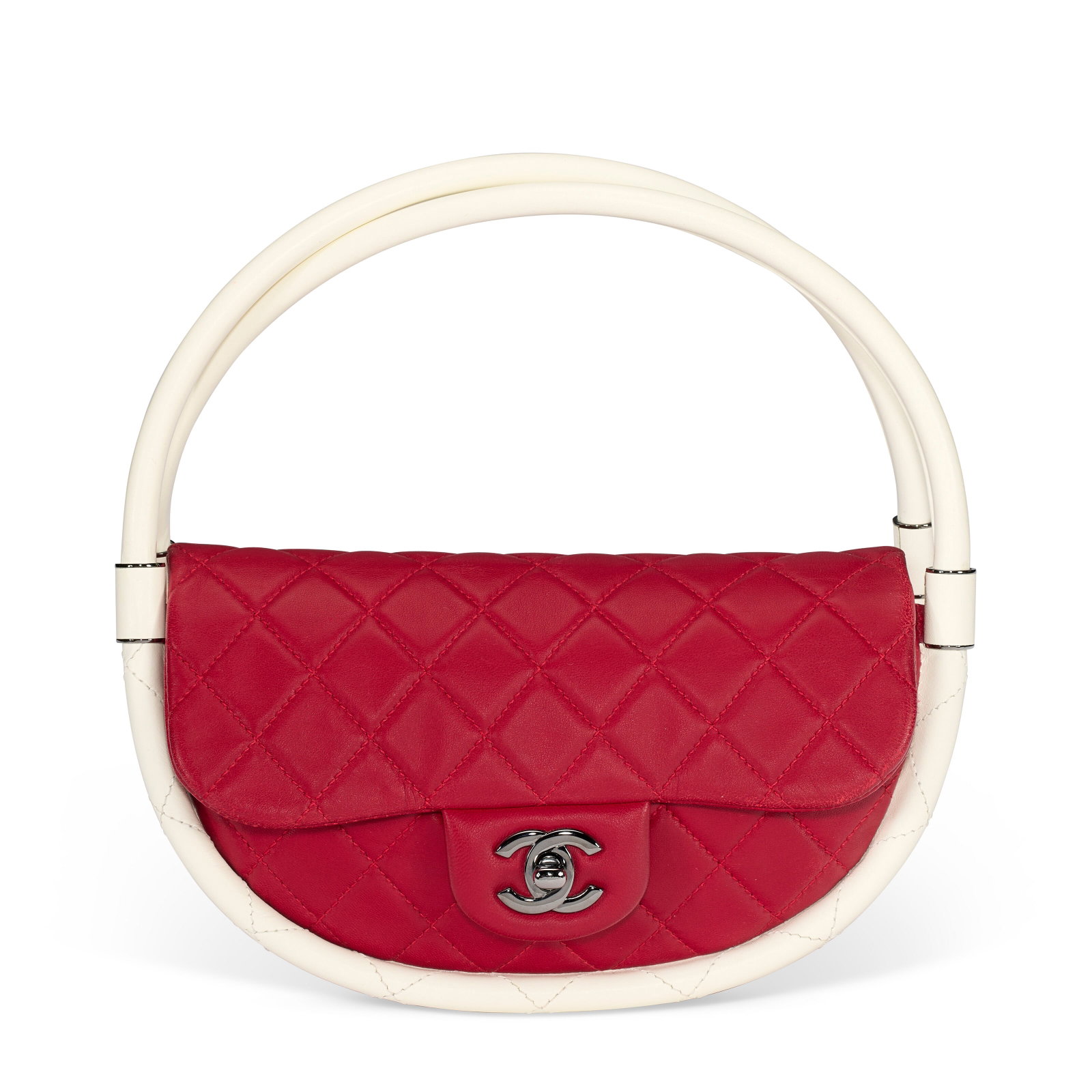A RUNWAY RED & WHITE QUILTED LAMBSKIN LEATHER SMALL HULA HOOP BAG WITH SILVER HARDWARE BY KARL (1 of 4)