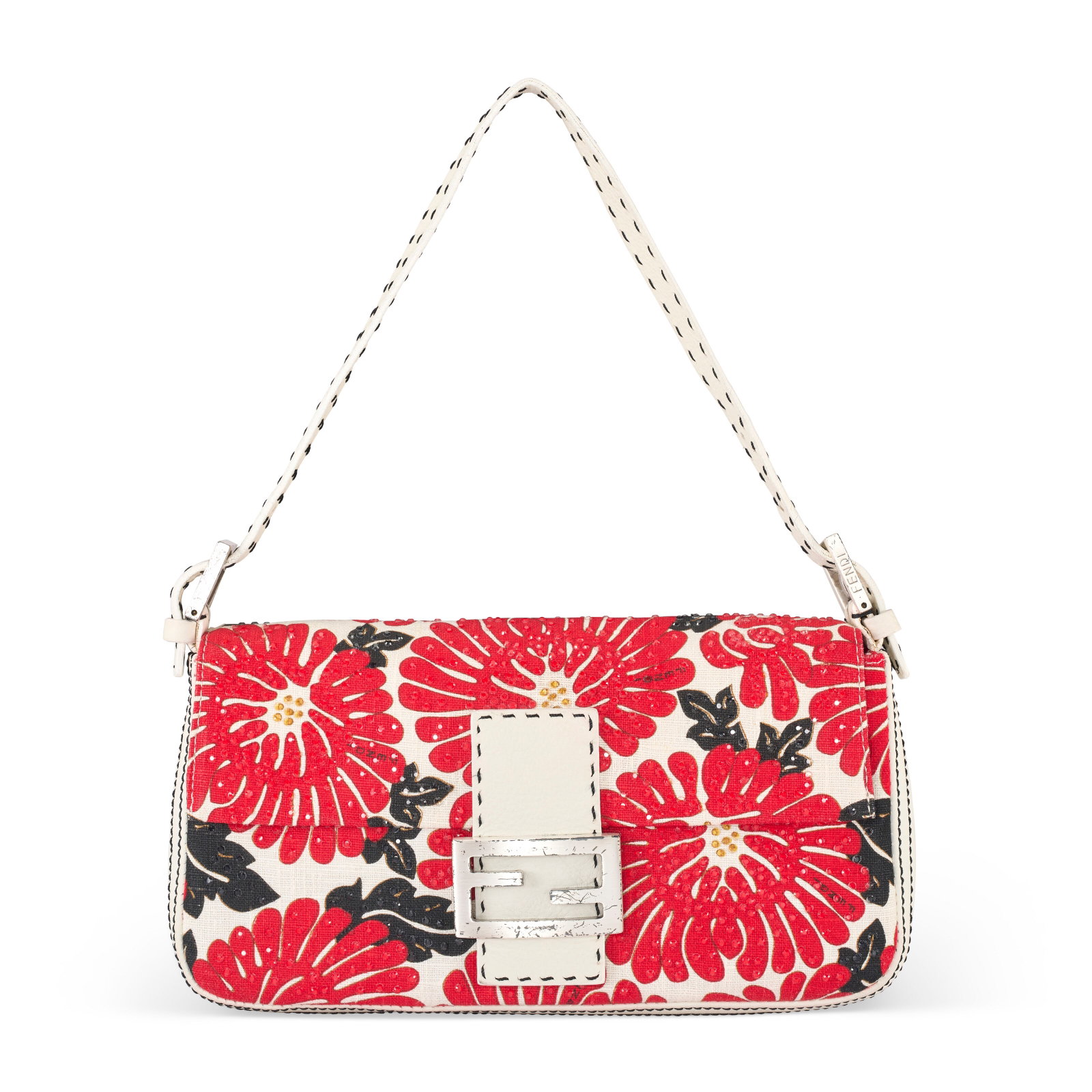 ELIZABETH TAYLOR'S RED, WHITE & BLACK EMBELLISHED CANVAS FLORAL PRINT BAGUETTE WITH SILVER HARDWARE: Details GRADE: 3 24 w x 13 h x 4 d cm Includes style ID card and care card. Provenance Christie's, NY, December 15, 2011; The Collection of Elizabeth Taylor: Fashion and Accessories (IV), Lot 593 Acqu