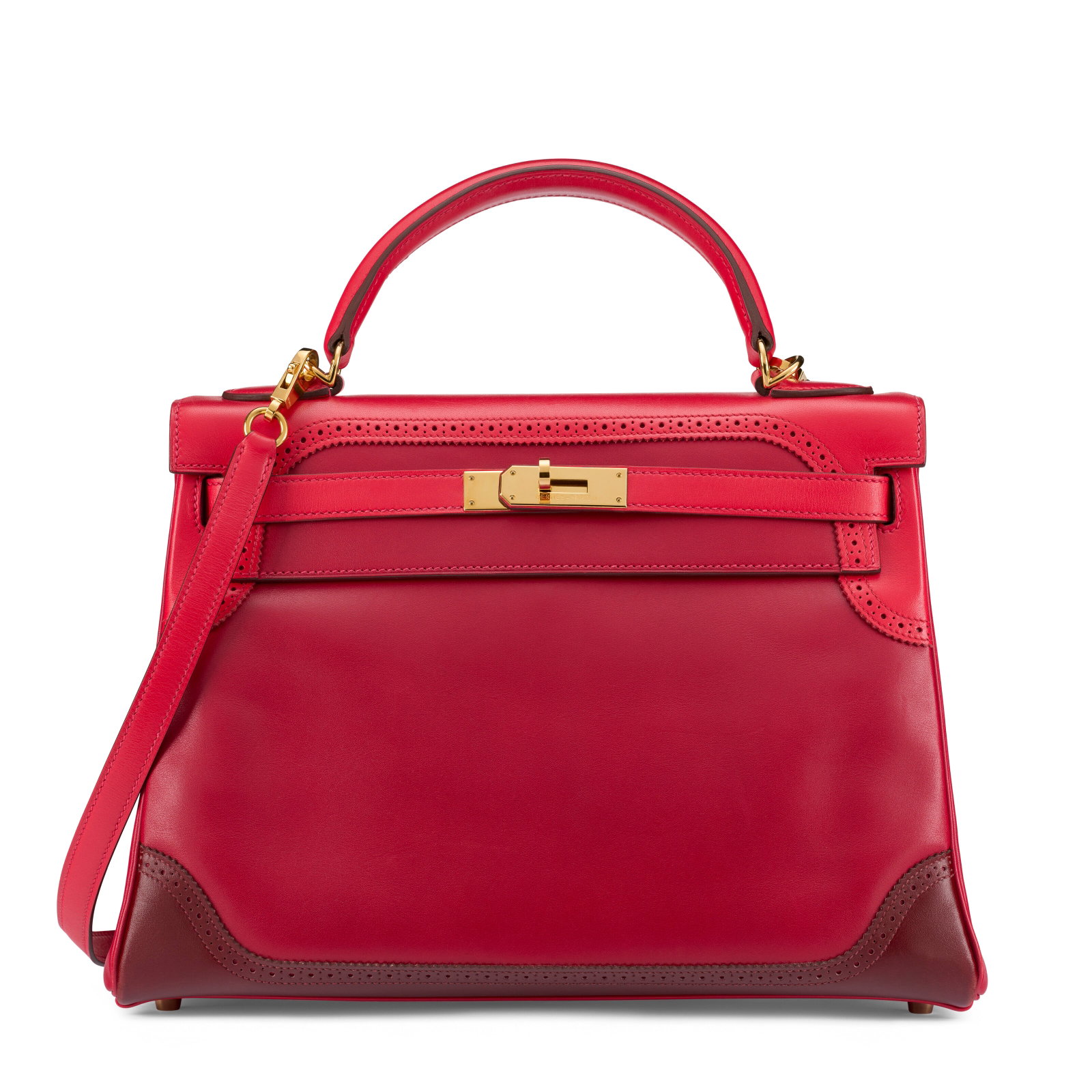 A RARE, LIMITED EDITION RUBIS, VERMILLION & ROUGE H TADELAKT LEATHER GHILLIES RETOURNÉ KELLY 32: Details GRADE: 2 32 w x 23 h x 10 d cm Includes shoulder strap and dust bag.