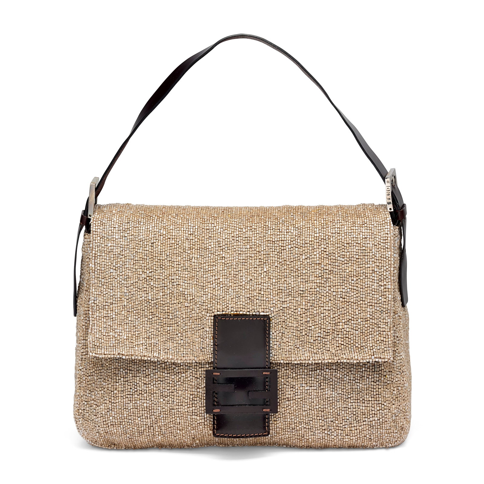 A LIGHT BROWN BEAD EMRBOIDERED MAMA BAGUETTE WITH SILVER HARDWARE FENDI, CIRCA 2000S (1 of 4)
