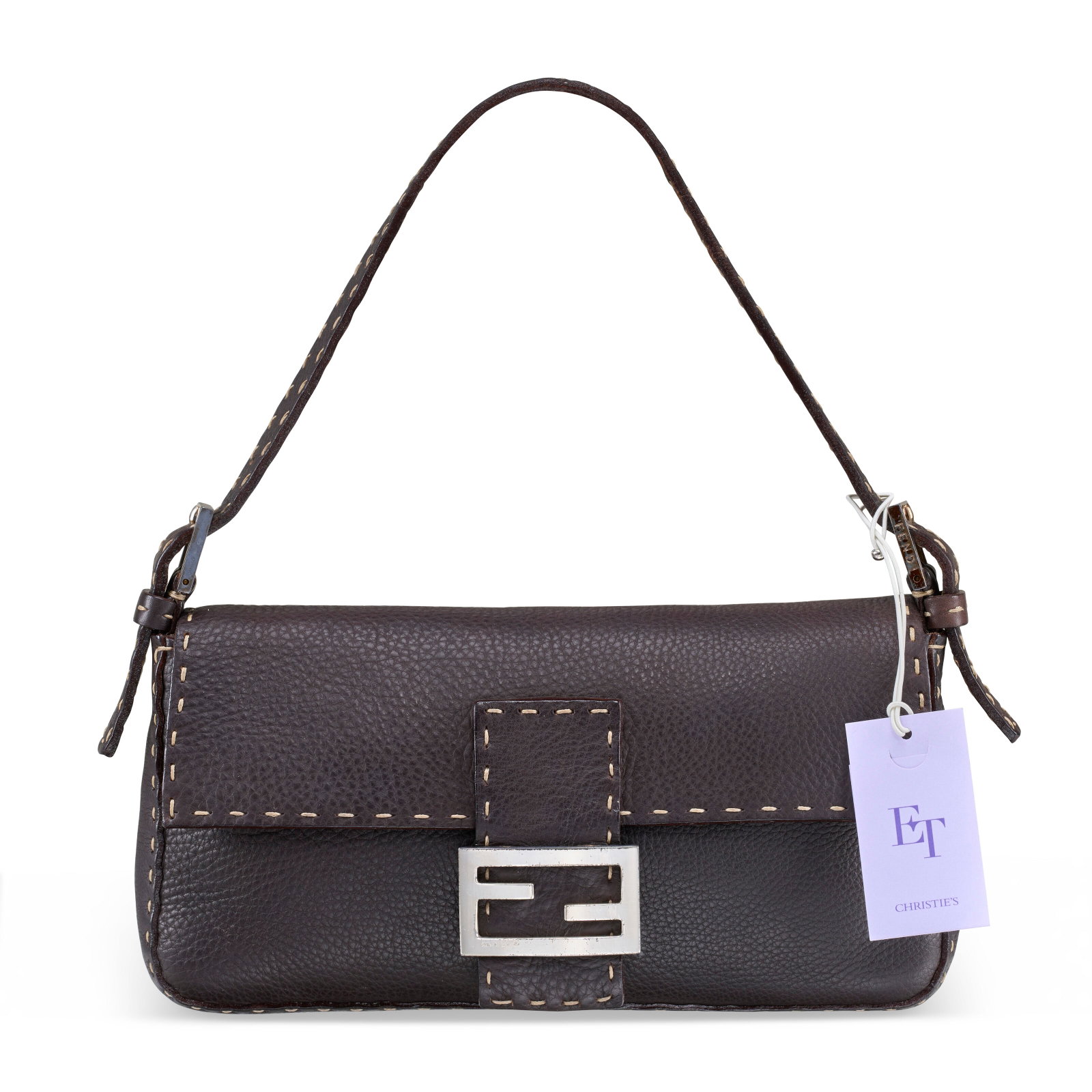 ELIZABETH TAYLOR'S BROWN CUOIO ROMANO LEATHER SELLERIA BAGUETTE BAG WITH STERLING SILVER HARDWARE (1 of 4)