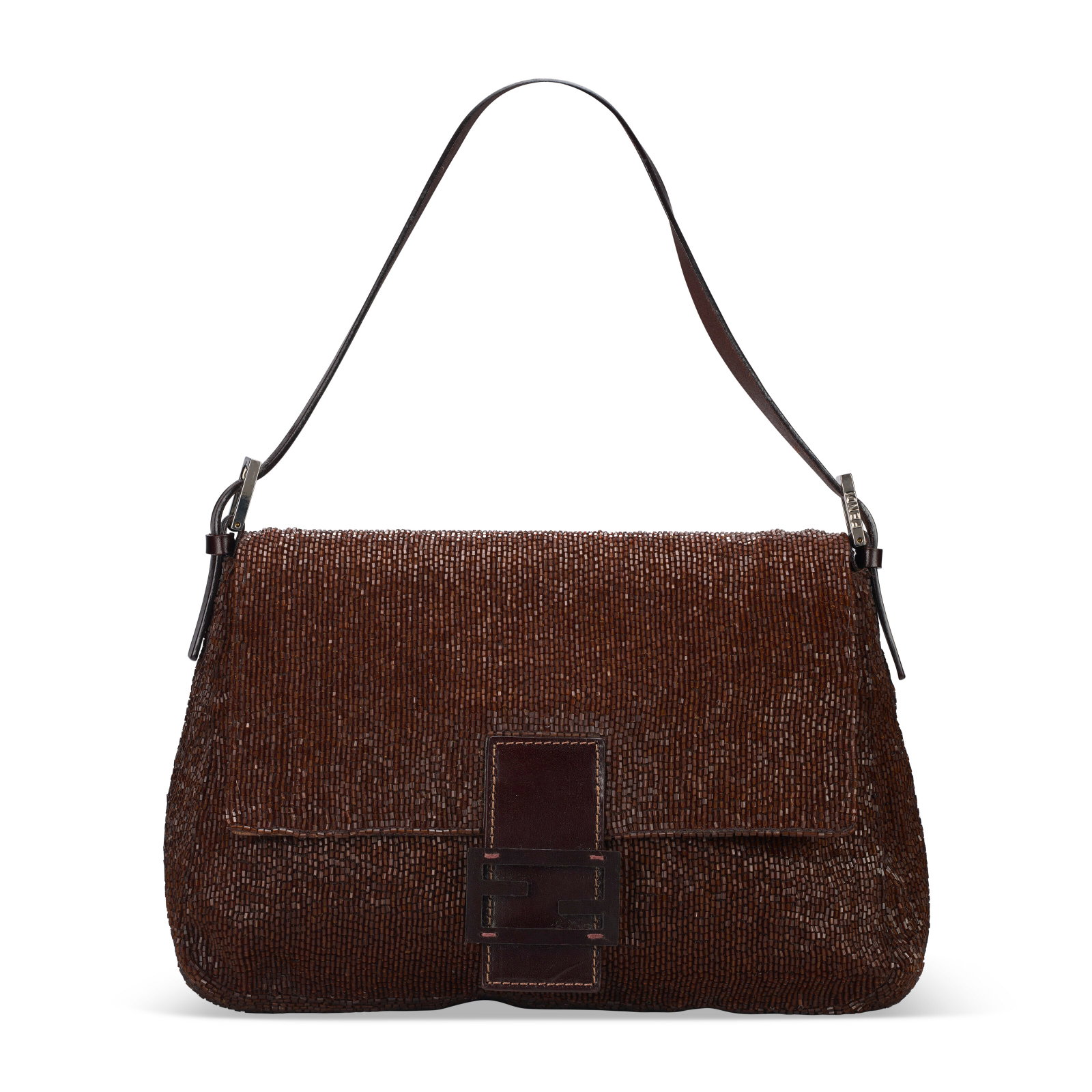 A DARK BROWN BEAD EMBROIDERED MAMA BAGUETTE WITH SILVER HARDWARE FENDI, CIRCA 2000S: Details GRADE: 2 28 w x 20 h x 11 d cm Includes dust bag.