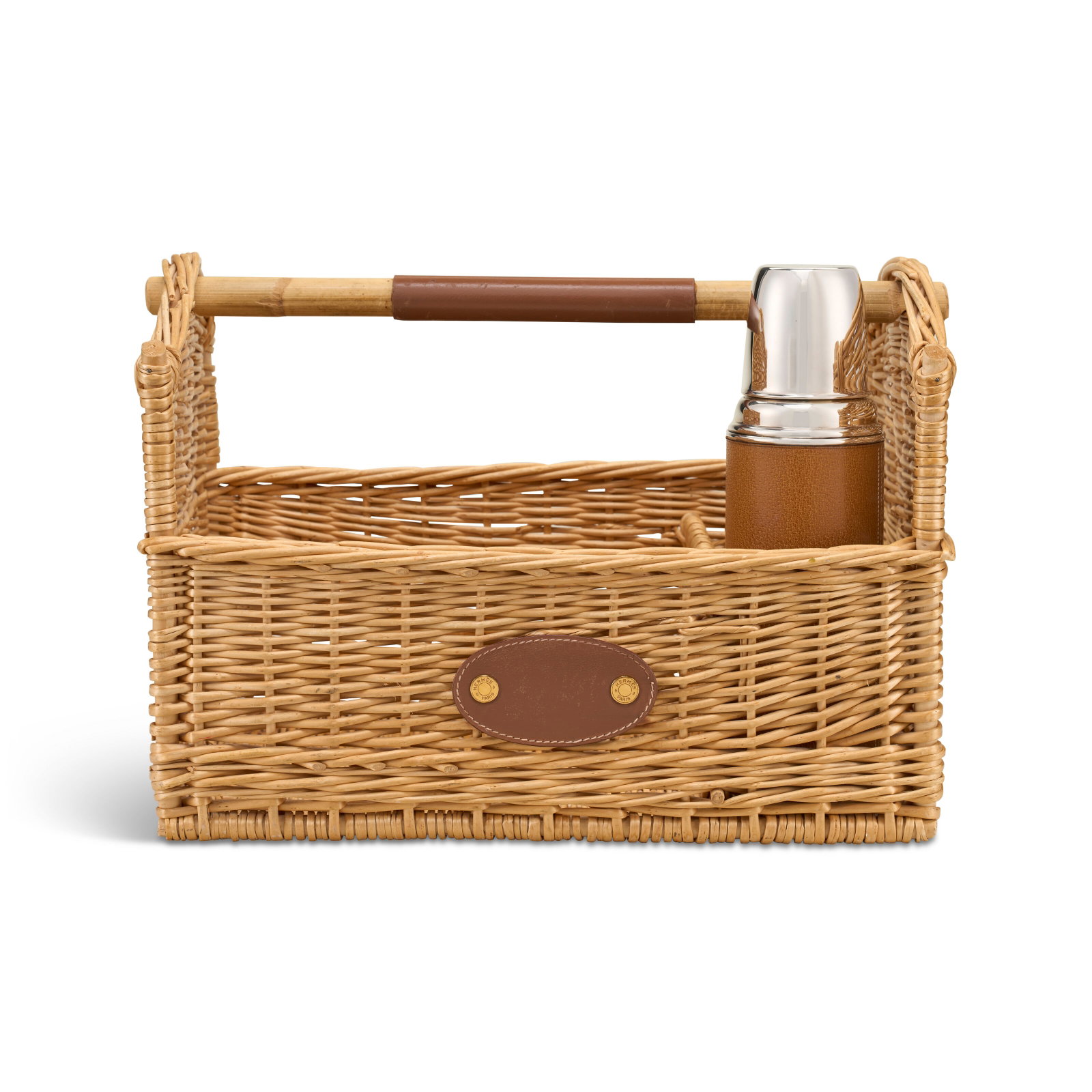 A SET OF TWO: AN OSIER WICKER PICNIC BASKET & NATURAL PEAU PORC LEATHER & SILVER THERMOS HERMÈ (1 of 4)