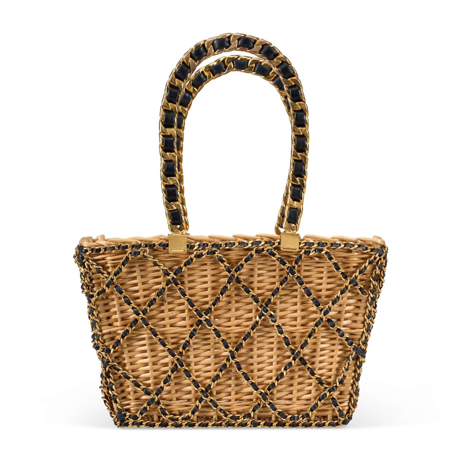 A UNIQUE PROTOTYPE, BLACK CALFSKIN LEATHER & WICKER CHAIN-LINK BASKET BAG WITH GOLD HARDWARE (1 of 4)