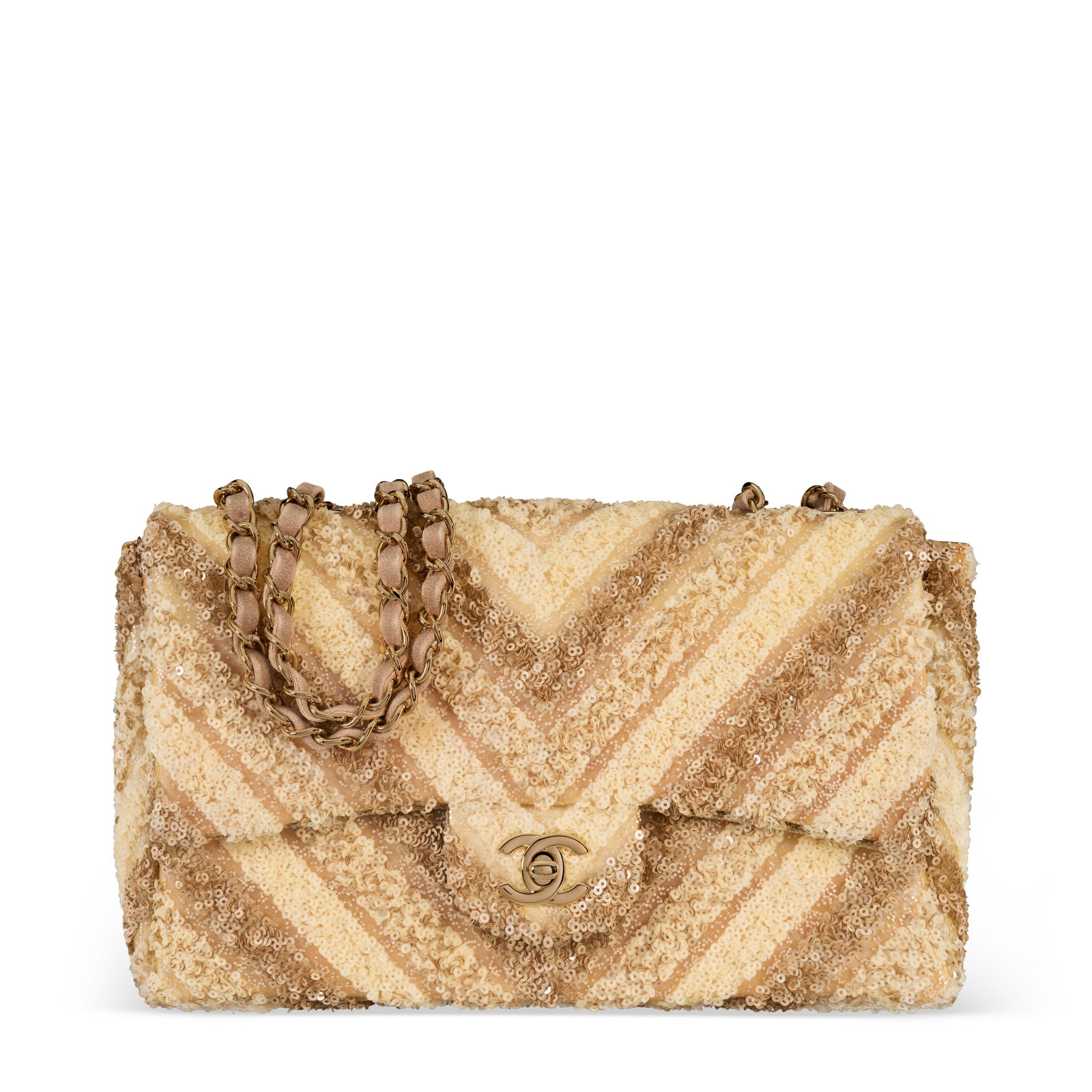 A BEIGE & GOLD SEQUIN AND PVC CHEVRON MEDIUM SINGLE FLAP WITH GOLD HARDWARE CHANEL, 2019: Details GRADE: 1.5 25 w x 15 h x 7 d cm Includes authenticity card, retail tag and Christie's dustbag.