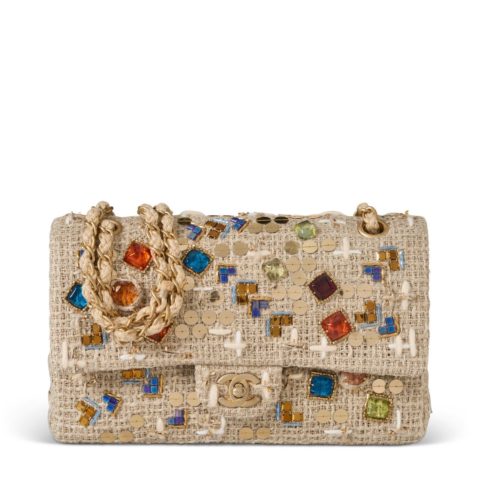 A BEIGE FANTASY TWEED & MULTICOLOR GRIPROIX GLASS AND SEQUIN CLASSIC MEDIUM DOUBLE FLAP WITH GOLD: Details GRADE: 1.5 26 w x 14 h x 7 d cm Includes authenticity card and Christie's dust bag.