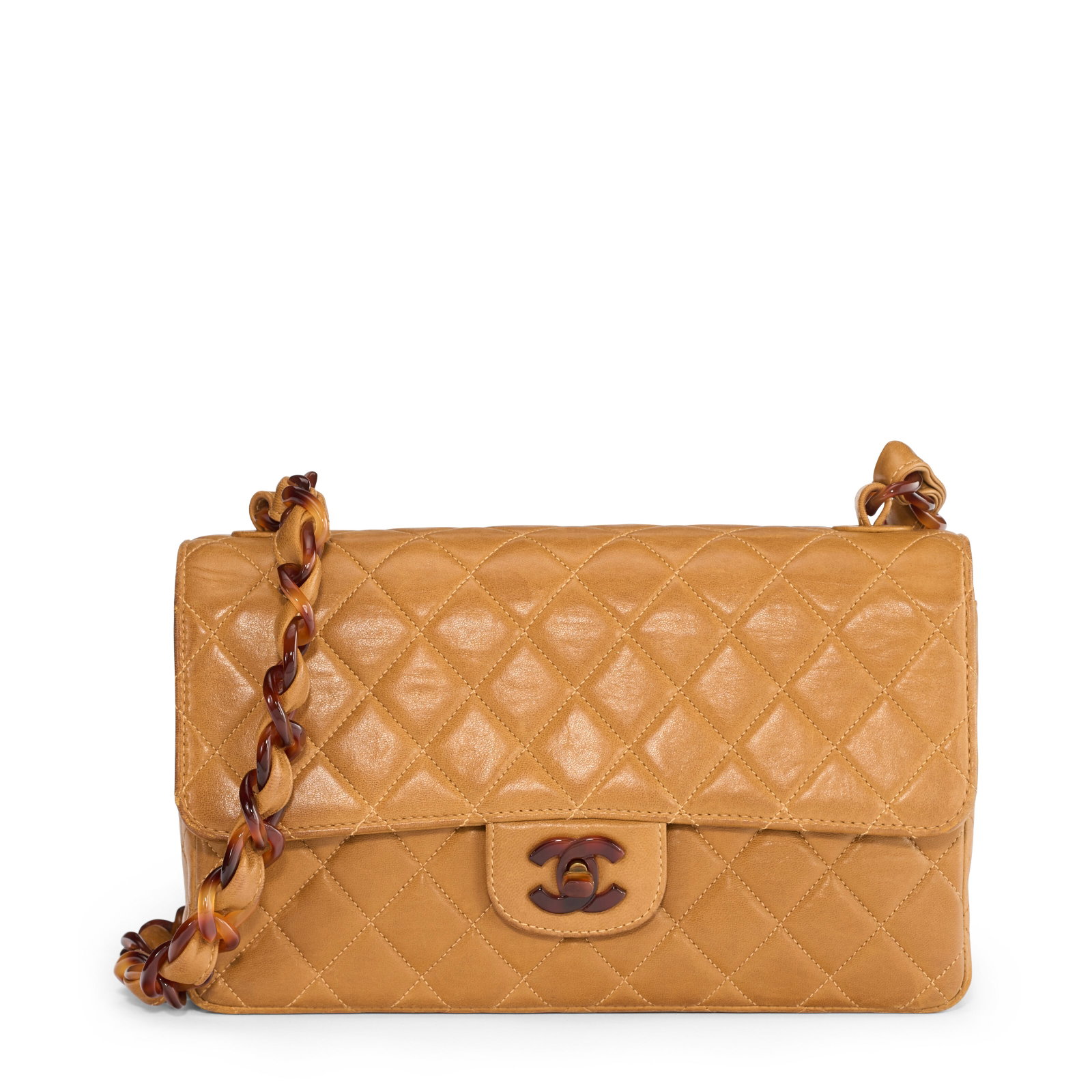 A LIGHT BROWN QUILTED LAMBSKIN LEATHER MEDIUM SINGLE FLAP BAG WITH FAUX TORTOISESHELL HARDWARE: Details GRADE: 2.5 25 w x 15 h x 6 d cm Includes authenticity card, care card, and Christie's dust bag.