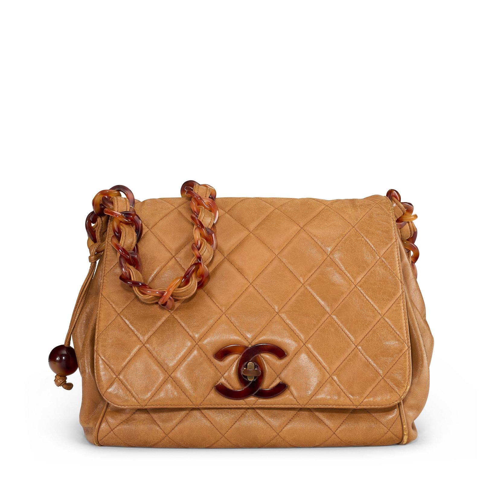 A LIGHT BROWN QUILTED LAMBSKIN LEATHER ACCORDION FLAP BAG WITH FAUX TORTOISESHELL HARDWARE CHANEL,: Details GRADE: 3 28 w x 22 h x 12 d cm Includes Christie's dust bag.