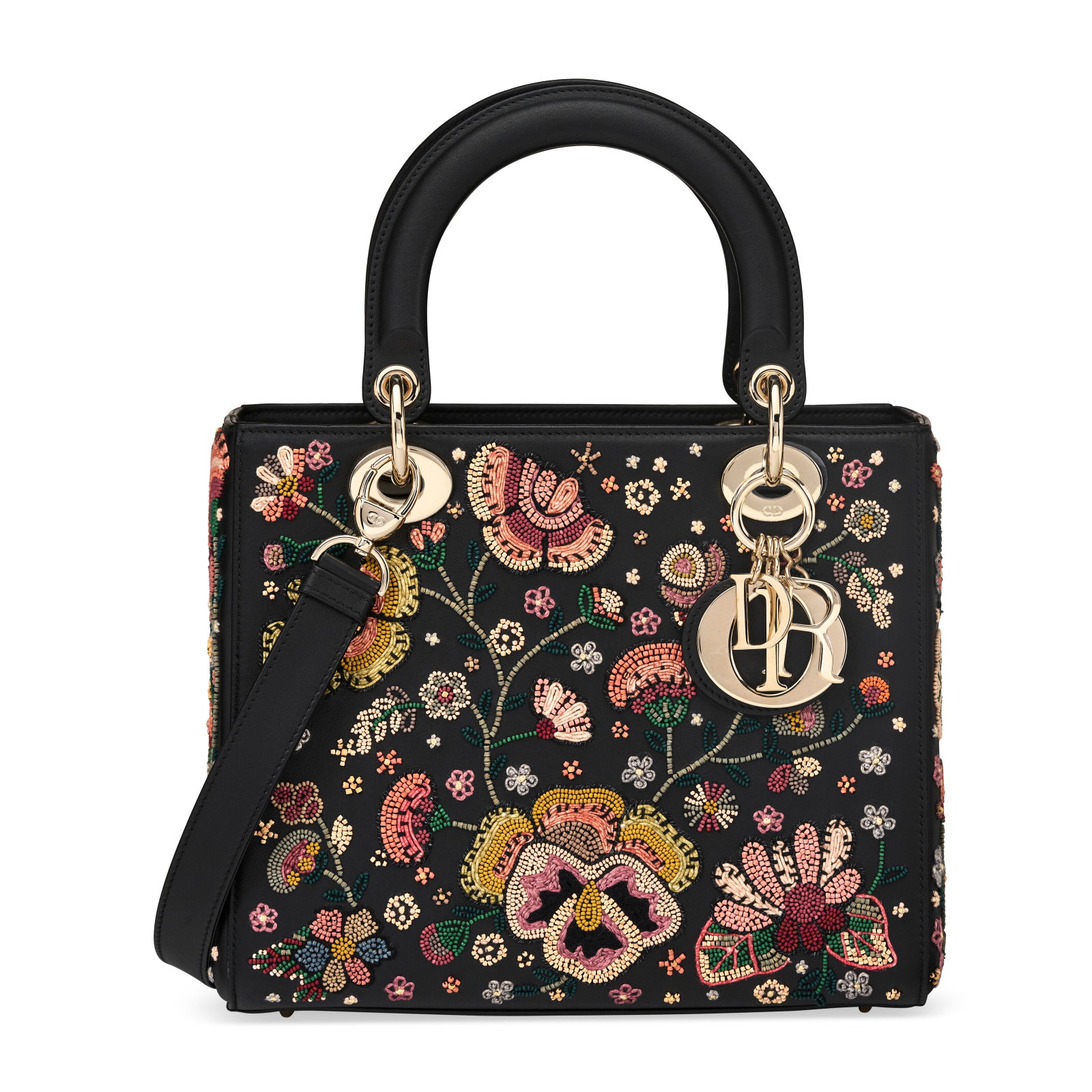A MULTICOLOR BEADED AND EMBROIDERED BLACK CALFSKIN LEATHER FLORAL MEDIUM LADY DIOR WITH LIGHT GOLD: Details GRADE: 1.5 24 w x 21 h x 12 d cm Includes shoulder strap, care booklet, authenticity card, small dustbag and Christie's dustbag.