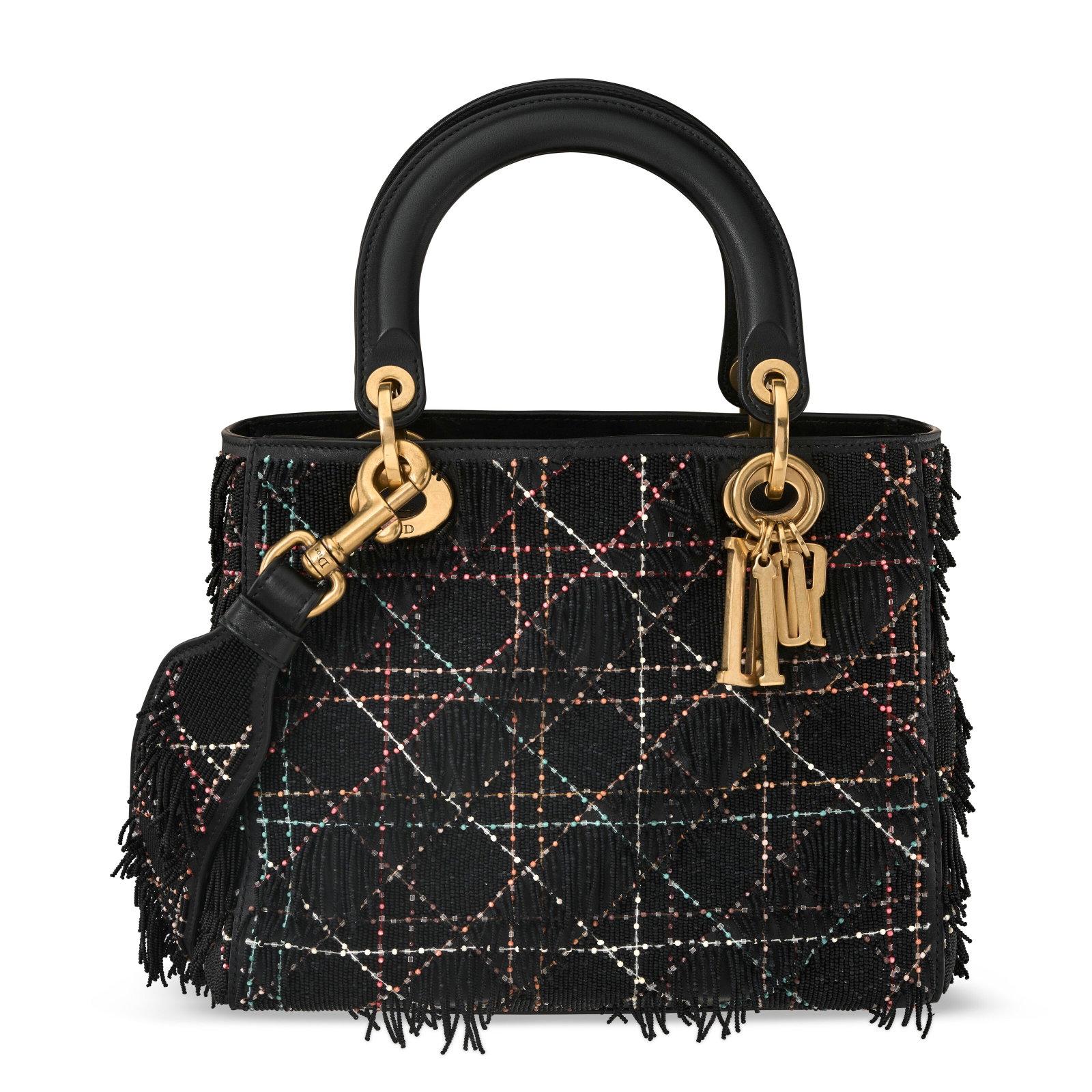 A BLACK AND MULTICOLOR FRINGE BEADED CANAGE MEDIUM LADY DIOR WITH GOLD HARDWARE DIOR, 2017: Details GRADE: 2 24 w x 20 h x 12 d cm Incudes shoulder strap, authenticity card, care booklet, small dust bag and Christie's dustbag.