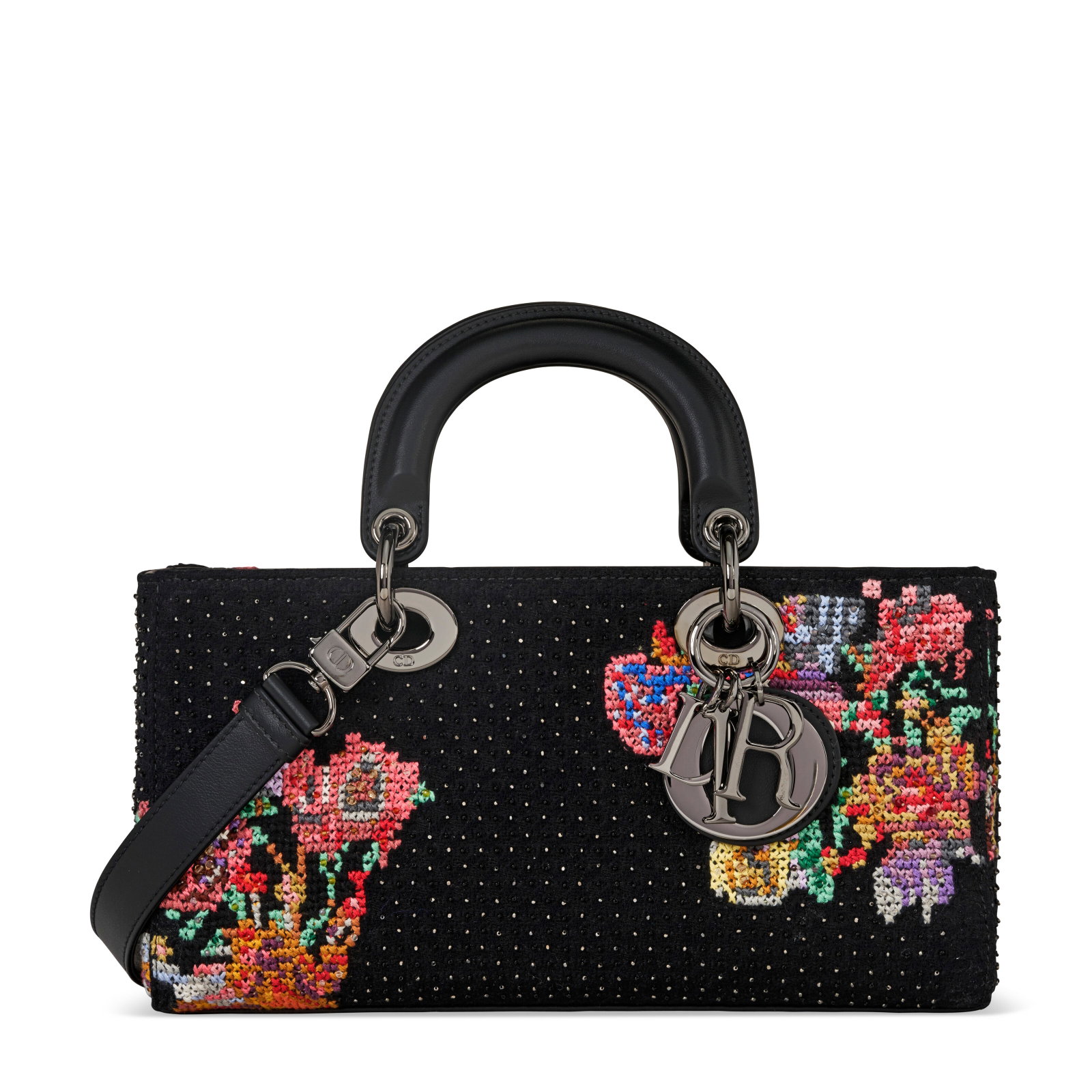 A BLACK EMBROIDERED, BEADED CANVAS & CALFSKIN LEATHER LADY D-JOY WITH BLACK HARDWARE DIOR, 2022: Details GRADE: 2 26 w x 14.25 h x 5.5 d cm Includes two shoulder straps, authenticity card and Christie's dustbag.