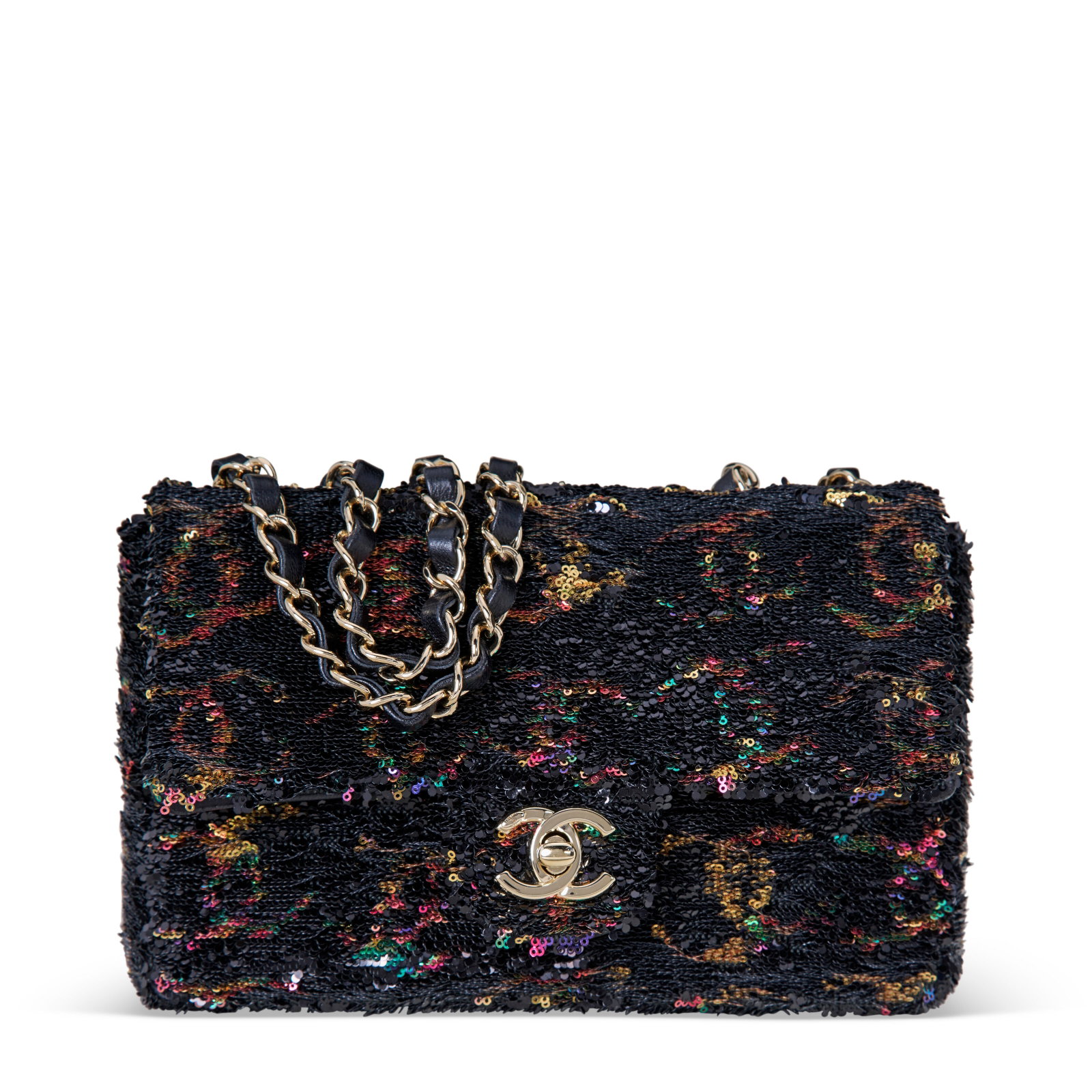 A BLACK & MULTICOLOR REVERSIBLE CC SEQUIN RECTANGULAR SINGLE FLAP BAG WITH GOLD HARDWARE CHANEL, (1 of 4)