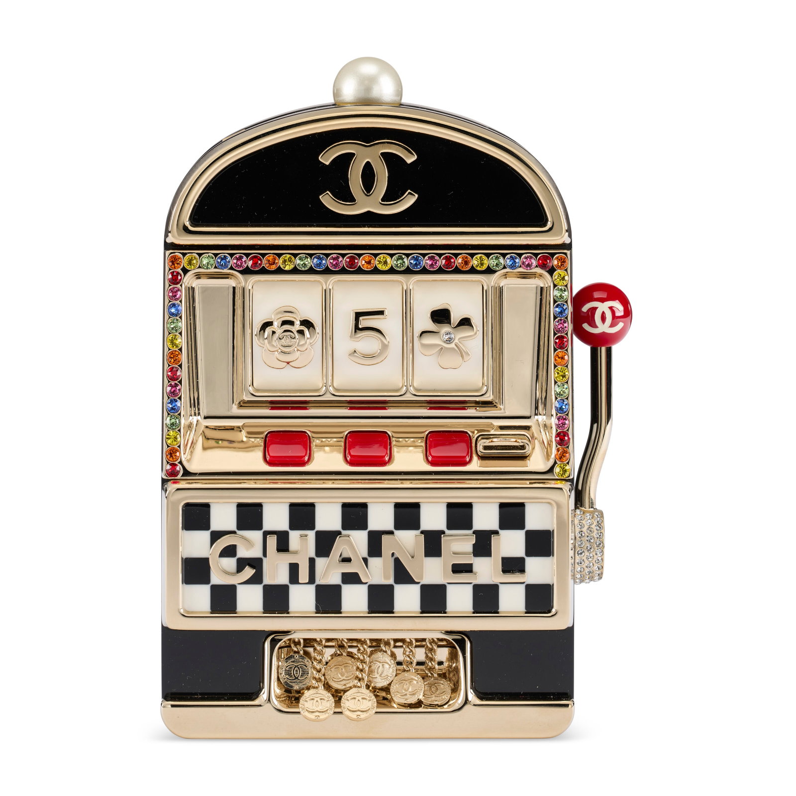 A BLACK LUCITE & MULTICOLOR STRASS CRYSTAL RUNWAY SLOT MACHINE EVENING BAG CHANEL, CRUISE 2023: Details GRADE: 1.5 9.5 w x 14 h x 4.5 d cm Includes Christie's dust bag.