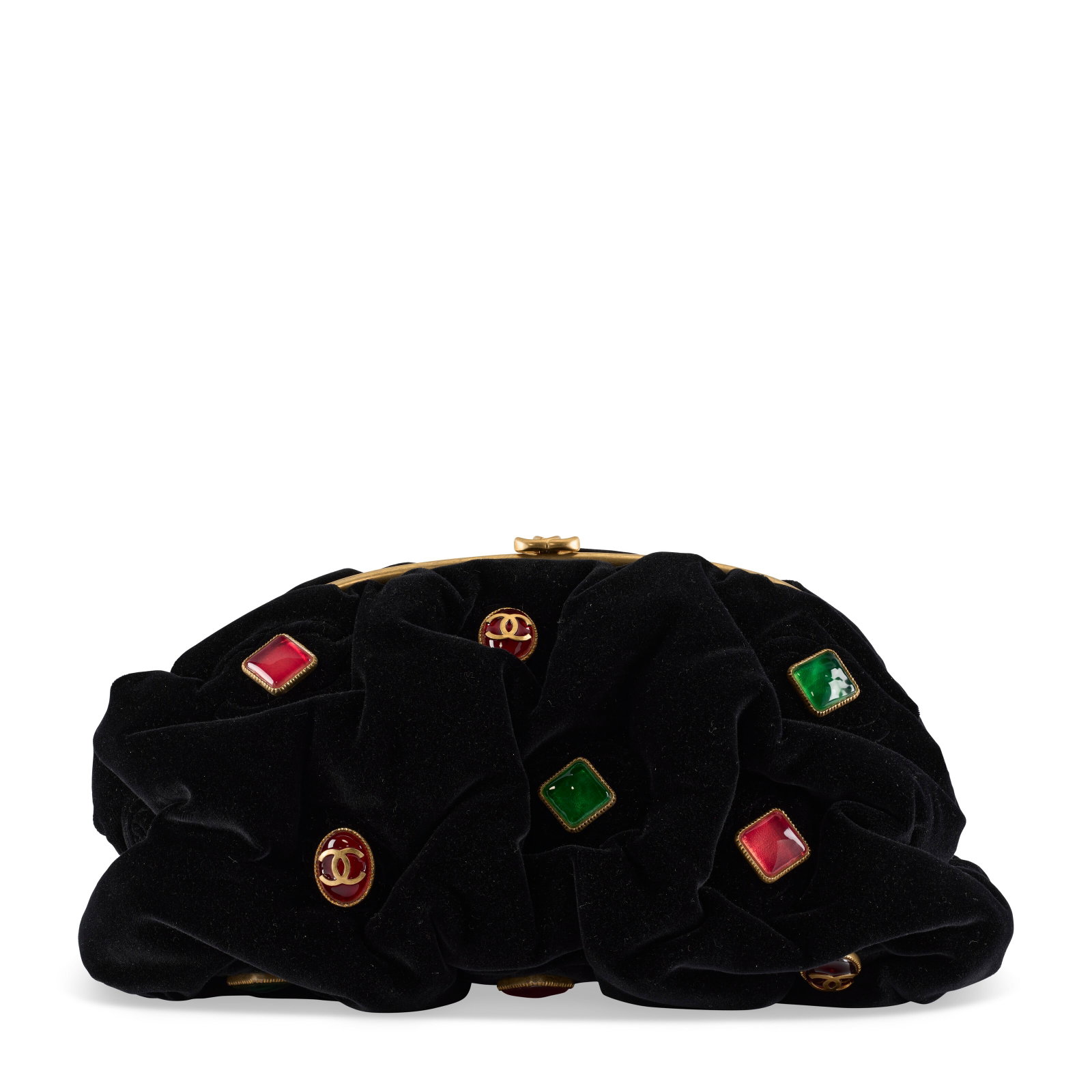 A RUNWAY BLACK VELVET & RED AND GREEN GRIPOIX GLASS FRAME CLUTCH WITH CHAIN WITH ANTIQUED GOLD: Details GRADE: 1.5 31 w x 20 h x 12 d cm Includes authenticity card and Christie's dust bag.
