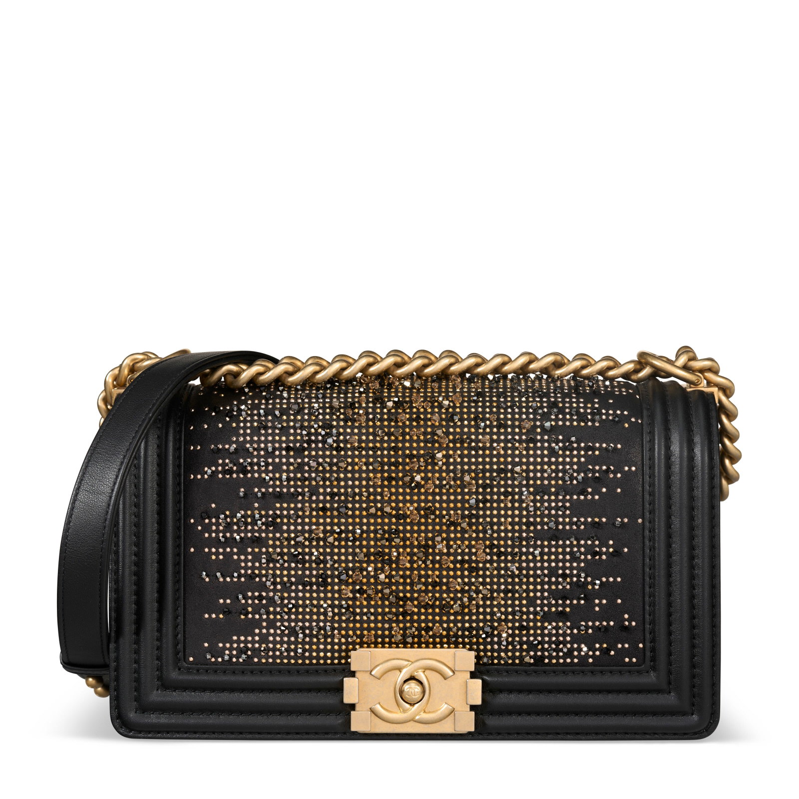 A BLACK CALFSKIN LEATHER STRASS CRYSTAL AND GOLD STUD METIER D'ART MEDIUM BOY BAG WITH GOLD HARDWARE: Details GRADE: 1.5 25 w x 14 h x 9 d cm Includes authenticity card and Christie's dustbag.