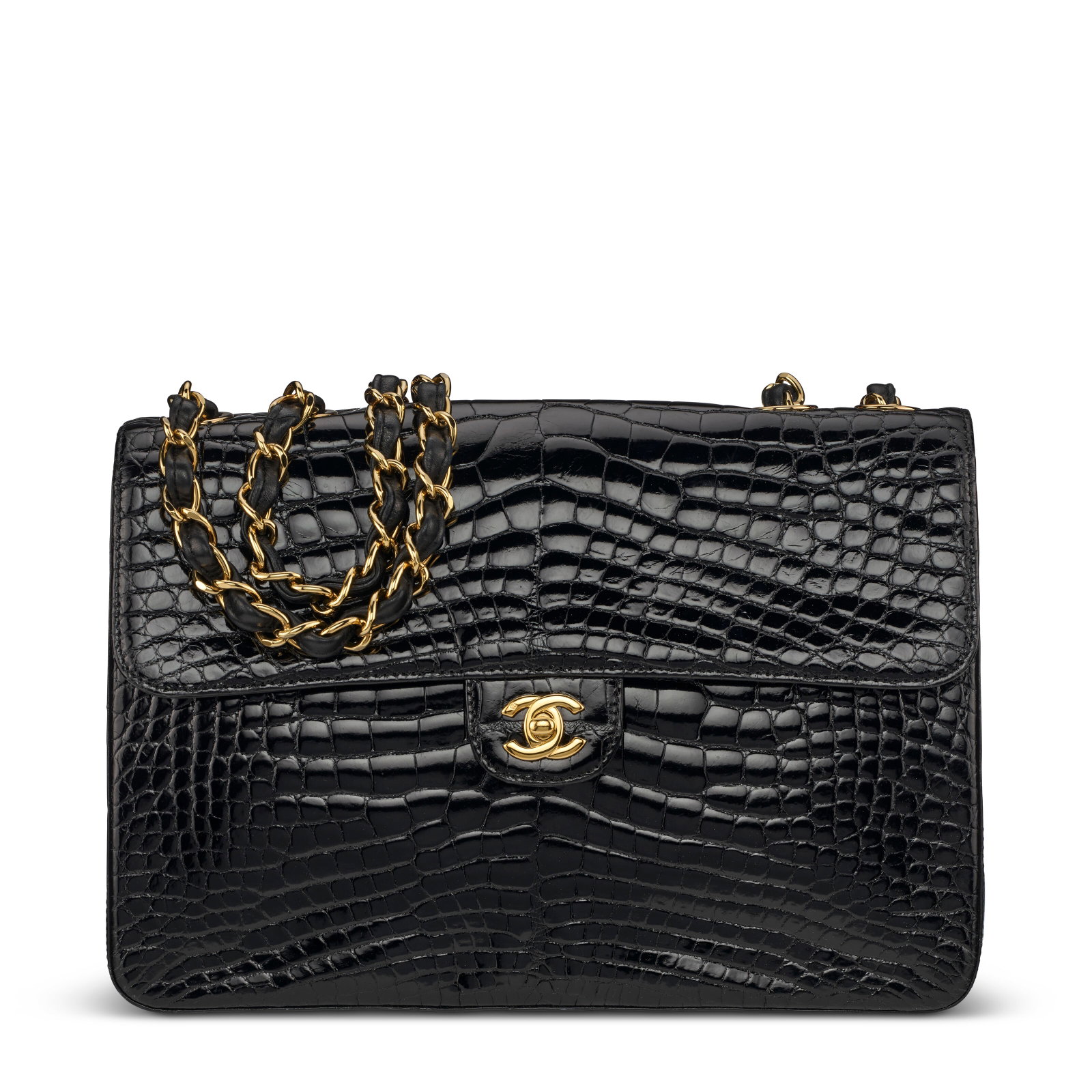 A SHINY BLACK ALLIGATOR CLASSIC JUMBO SINGLE FLAP BAG WITH GOLD HARDWARE CHANEL, 2008: Details GRADE: 3 12 w x 8.5 h x 3.75 d cm Includes authenticity card, dust bag, and box. FURTHER DETAILS ~CITES Notice Alligator Mississippiensis, Annexe CITES II-B This lot must either be shipped to 