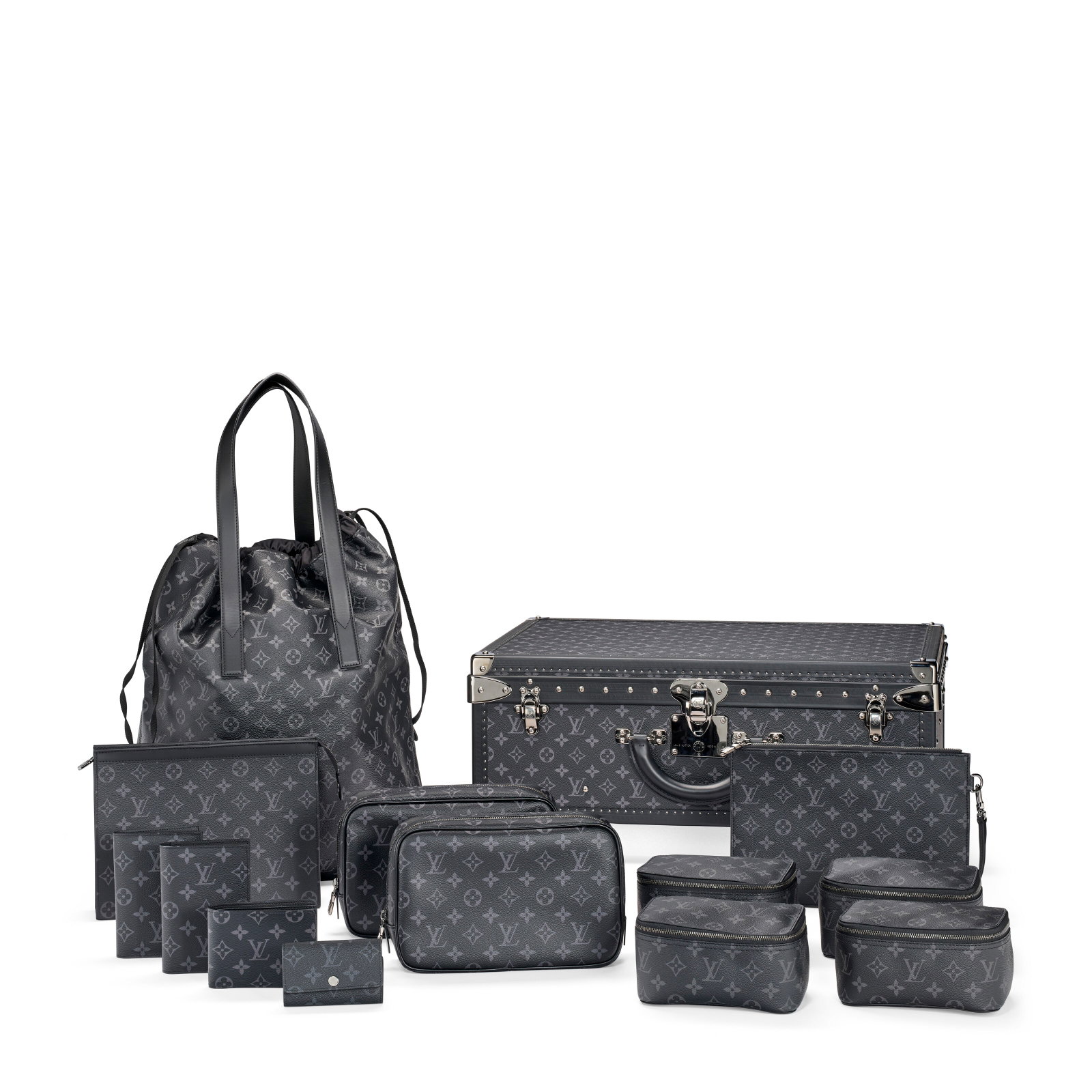 A GREY MONOGRAM ECLIPSE CANVAS ALZER 60 TRUNK & 13-PIECE TRAVEL SET LOUIS VUITTON, 2018: Details GRADE: 1.5 Trunk: 60 w x 32 d x 41 h cm Includes black canvas trunk cover, matching wallet, two passport covers, key folio with four keys, pochette voyage GM, flat zip pouch, four packing cube