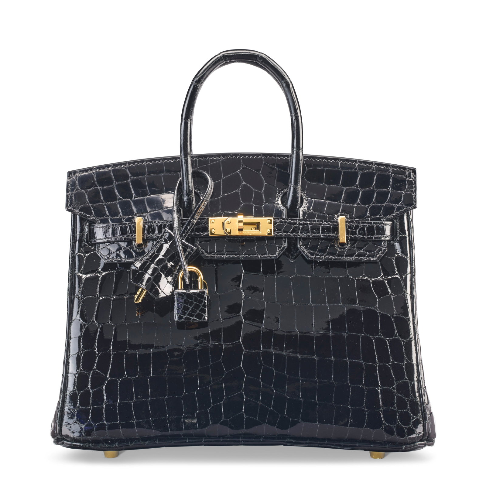 A SHINY BLACK NILOTICUS CROCODILE BIRKIN 25 WITH GOLD HARDWARE HERMÈS, 2023: Details GRADE: 1.5 25 w x 19 h x 14 d cm Includes lock, keys, clochette, small dust bag, dust bag, felt protector, care card, ribbon, and box. FURTHER DETAILS ~CITES Notice Crocodylus niloticus, Annex