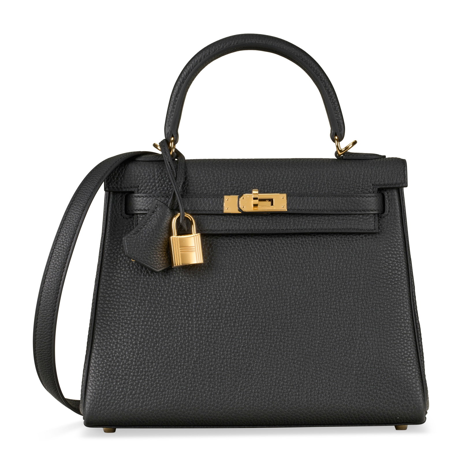 A BLACK TOGO LEATHER RETOURNE KELLY 25 WITH GOLD HARDWARE HERMÈS, 2025: Details GRADE: 1 25 w x 19 h x 14 d cm Includes lock, two keys, clochette, small dustbag, shoulder strap, strap dustbag, care card, ribbbon, felt, dustbag and box