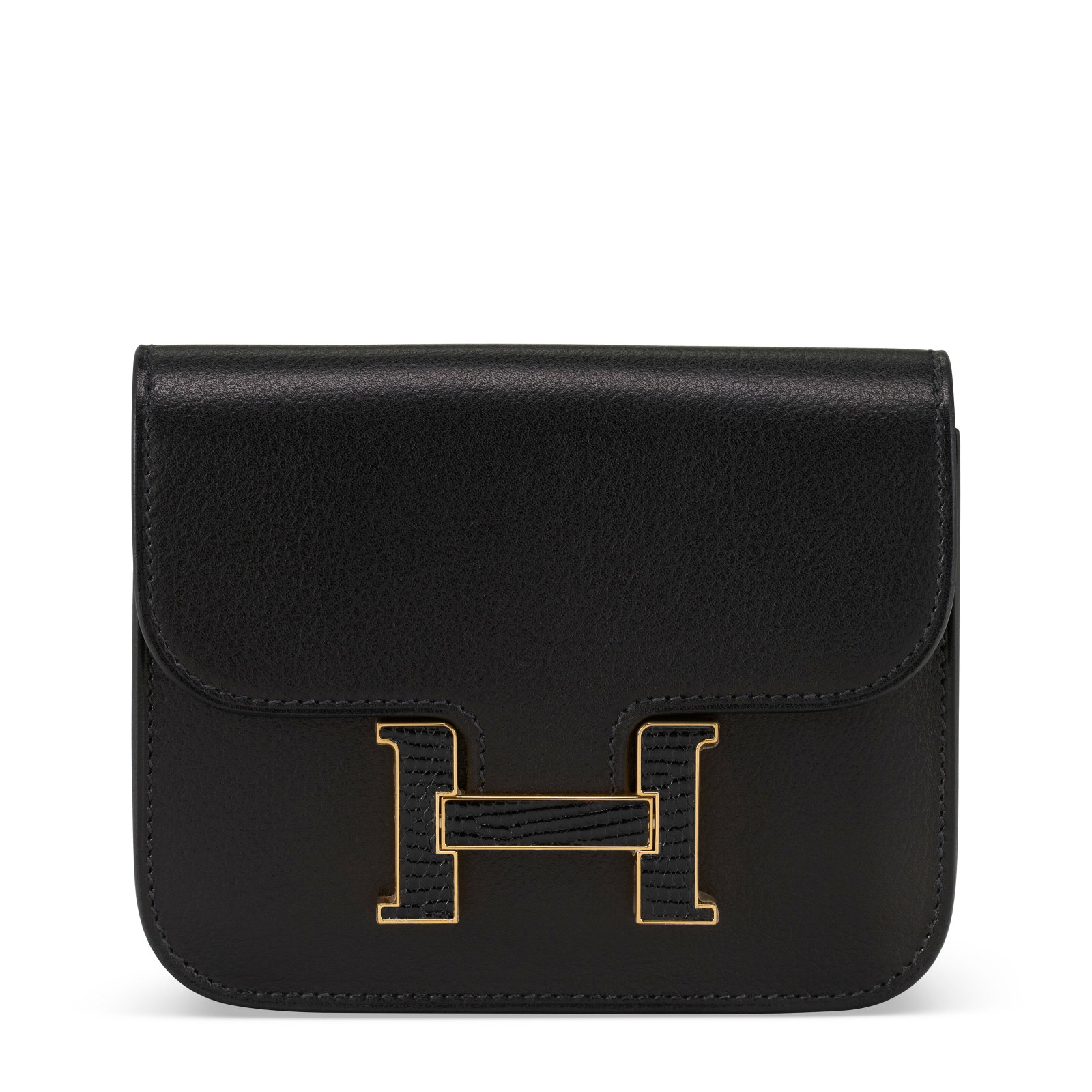 A BLACK EVERCOLOR LEATHER & NILOTICUS LIZARD CONSTANCE SLIM WALLET WITH GOLD HARDWARE HERMÈS,: Details GRADE: 2 12 w x 9 h x 2 d cm Includes felt protector and box. FURTHER DETAILS ~CITES Notice Varanus Niloticus, Annexe CITES II-B This lot must either be shipped to its final destination within