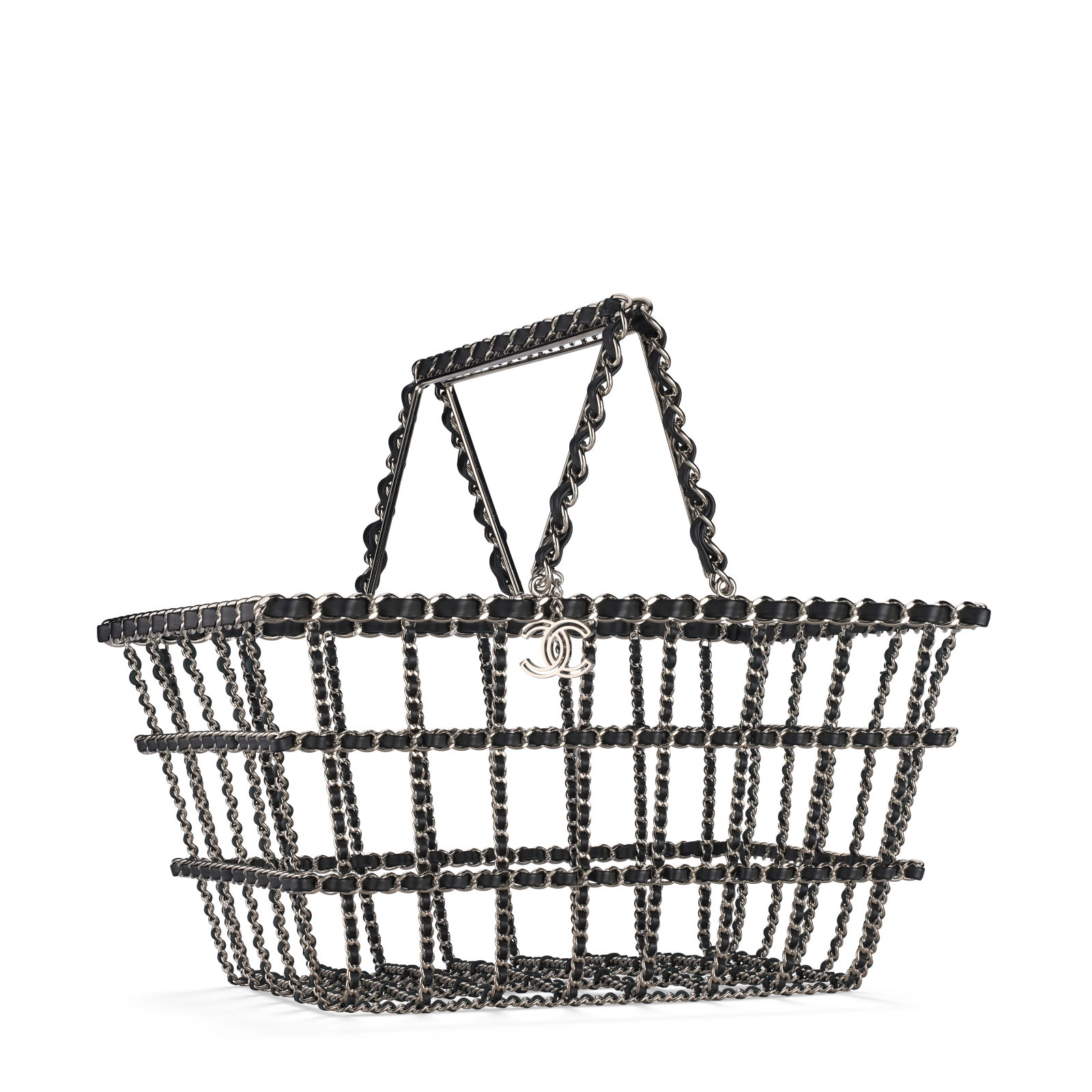 A RARE, RUNWAY SILVER & BLACK LAMBSKIN LEATHER SHOPPING BASKET BAG CHANEL, 2014: Details GRADE: 1.5 35 w x 21.5 h x 17 d cm Includes Christie's dust bag.