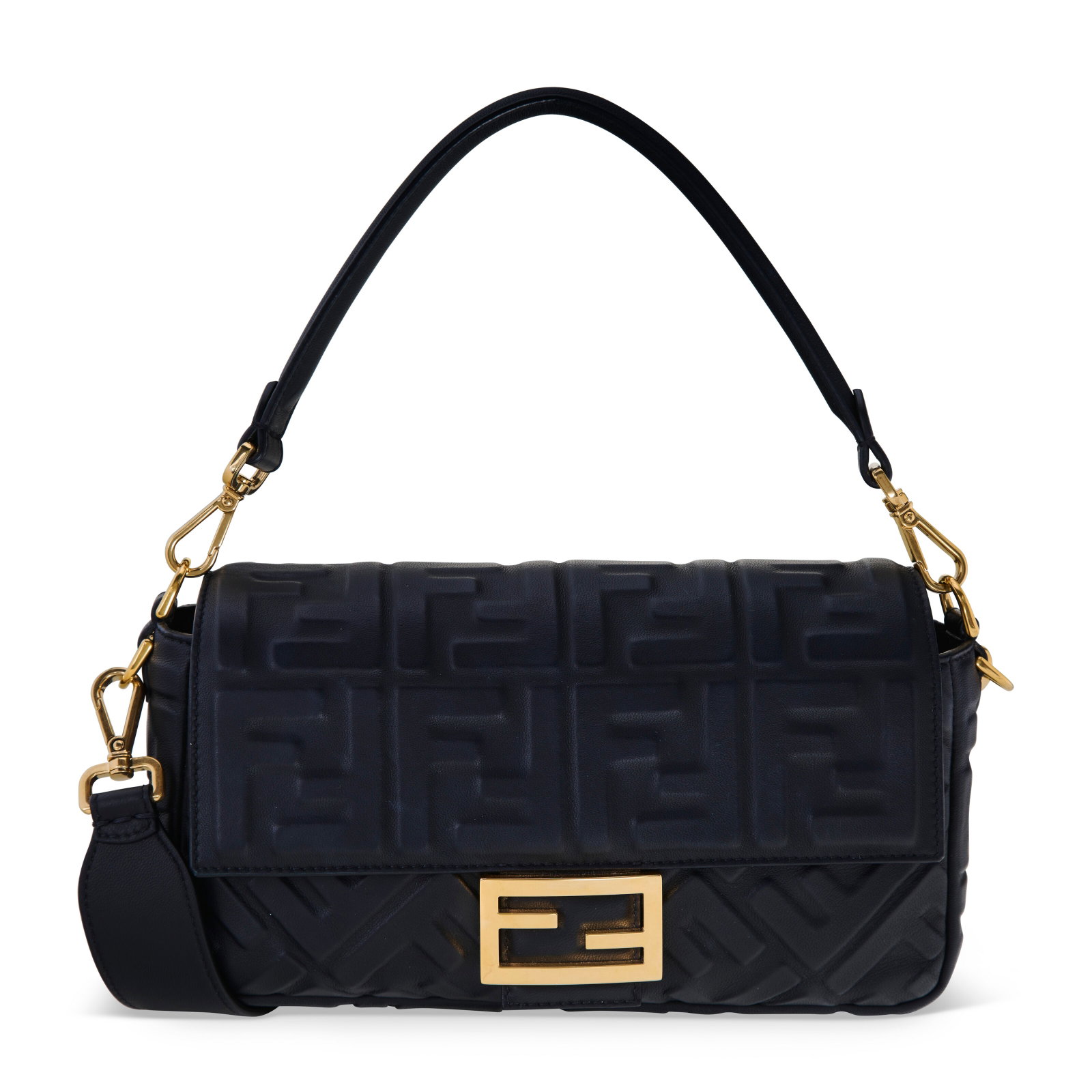 A BLACK NAPPA 1974 EMBOSSED LEATHER BAGUETTE WITH GOLD HARDWARE FENDI, 2020 (1 of 1)