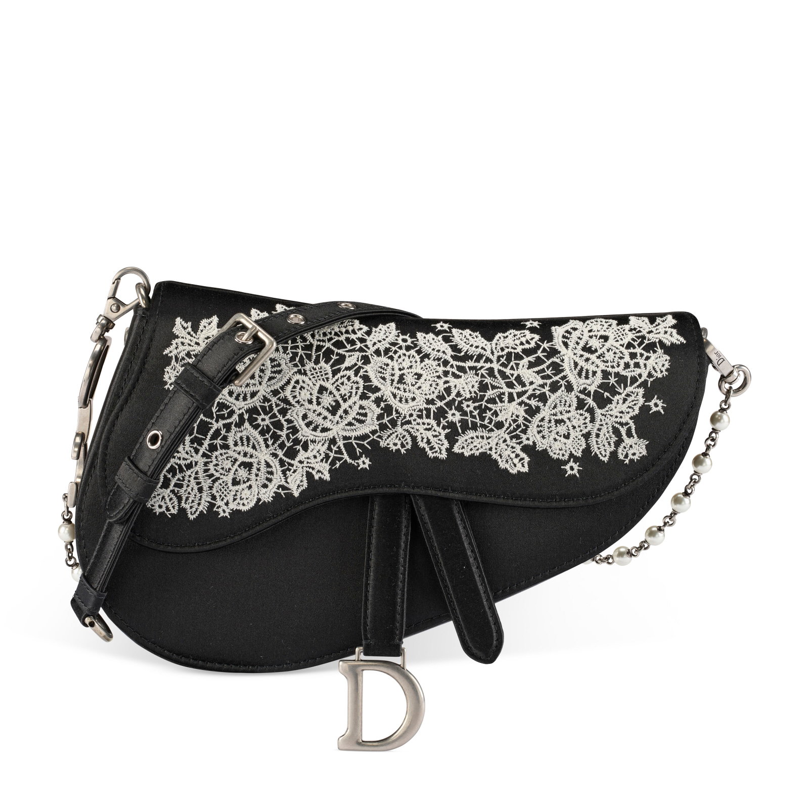 A BLACK SATIN & WHITE LACE EMBROIDERED MINI SADDLE BAG WITH FAUX PEARL AND ANTIQUE SILVER HARDWARE: Details GRADE: 2 21 w x 13 h x 4 d cm Includes care card and Christie's dust bag.