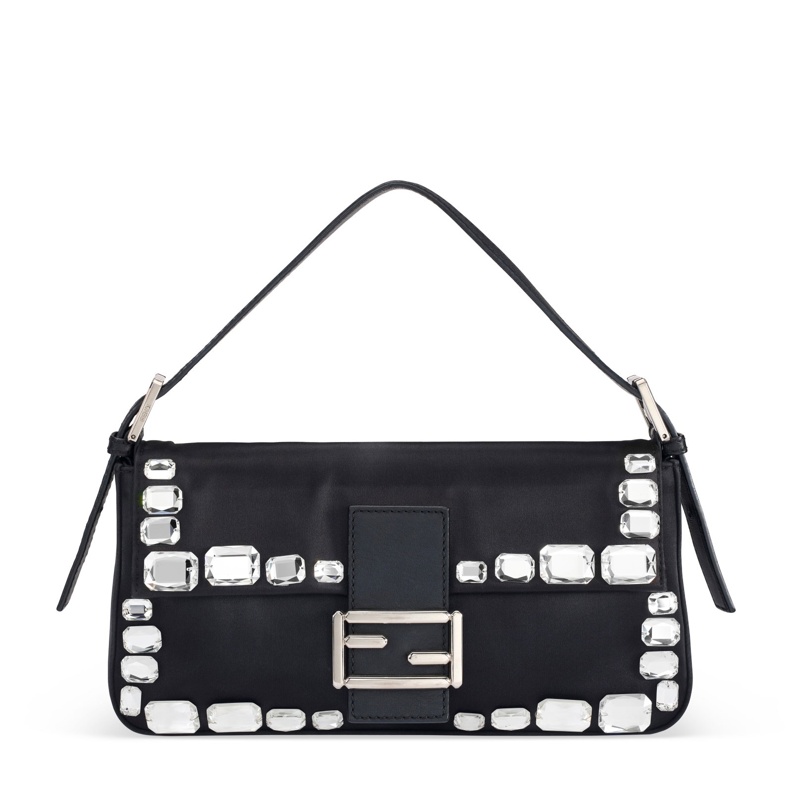 A BLACK SATIN & LEATHER CRYSTAL EMBELLISHED BAGUETTE WITH SILVER HARDWARE FENDI, CIRCA 2010S (1 of 4)
