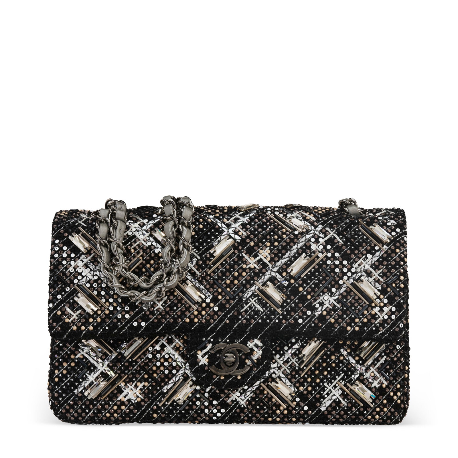 A SILVER BEADED AND STRASS EMBELLISHED BLACK TWEED CLASSIC MEDIUM DOUBLE FLAP WITH GUNMETAL HARDWARE: Details GRADE: 1.5 26 w x 14 h x 7 d cm Includes authenticity card, retail tag and Christie's dustbag.