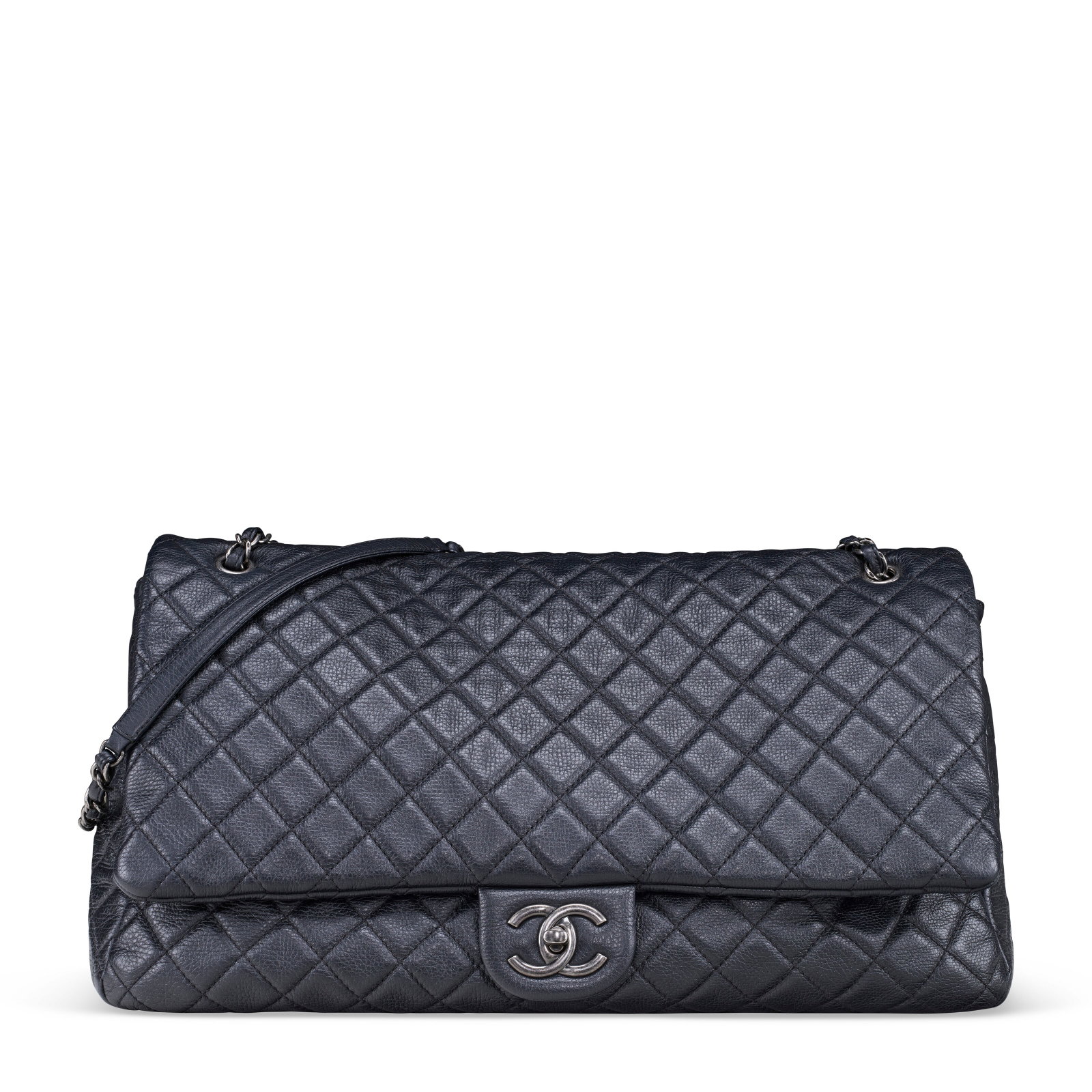 A BLACK QUILTED CALFSKIN LEATHER XXL AIRLINES FLAP BAG WITH ANTIQUED SILVER HARDWARE BY KARL: Details GRADE: 2 46 w x 26 h x 15 d cm Includes authenticity card and Christie's dustbag.