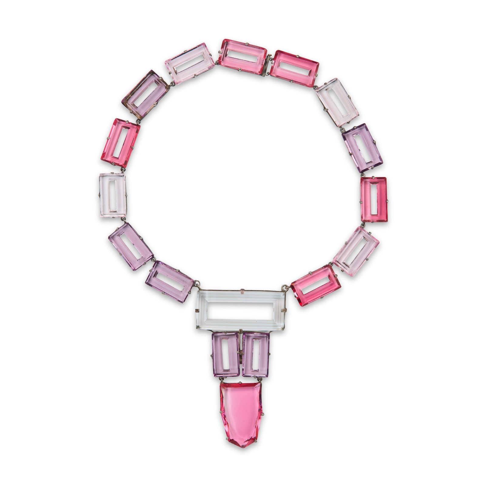 A VERY RARE, PINK & PURPLE GLASS AND SILVER METAL NECKLACE ATTRIBUTED TO CHANEL, CIRCA 1920S (1 of 2)