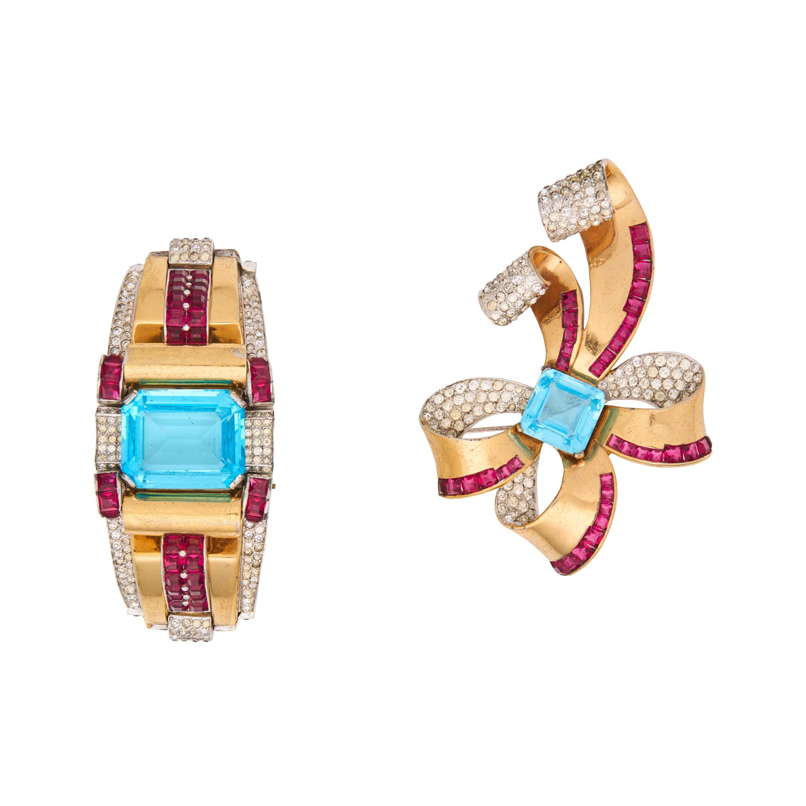 A RARE & EXCEPTIONAL BLUE AND RED CUT GLASS & STRASS CRYSTAL BRACELET AND BROOCH SET MARCEL BOUCHER, (1 of 1)