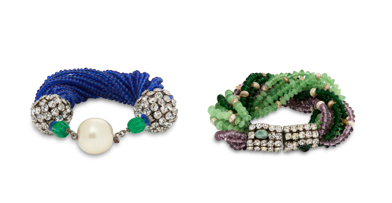 A STUNNING PAIR OF GREEN, BLUE & PURPLE GLASS BEAD, FAUX PEARL AND STRASS CRYSTAL BRACELETS (1 of 4)