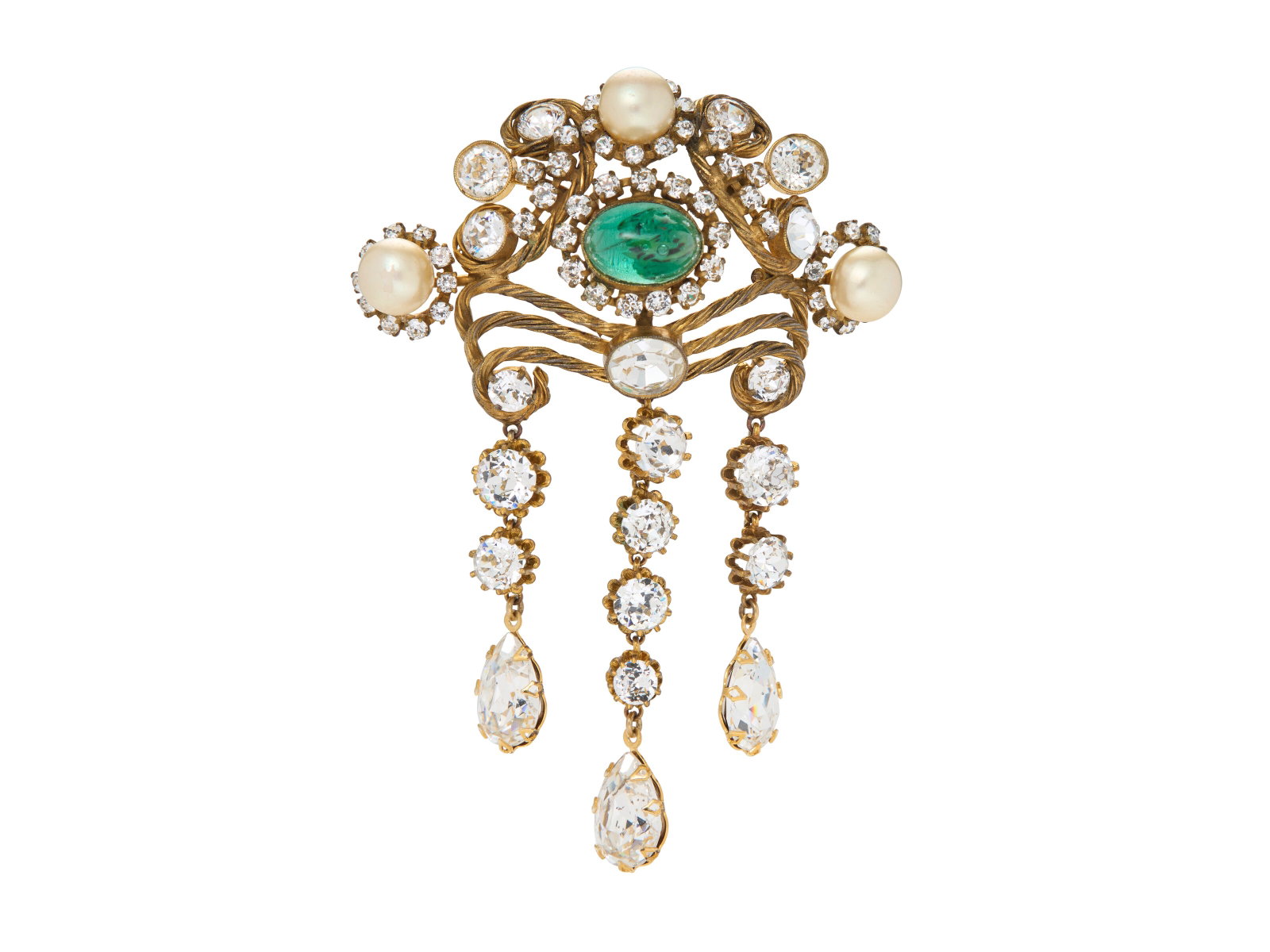 A RARE & EXCEPTIONAL STRASS CRYSTAL, FAUX PEARL AND GREEN GRIPOIX GLASS BROOCH FRENCH, 1930s (1 of 2)