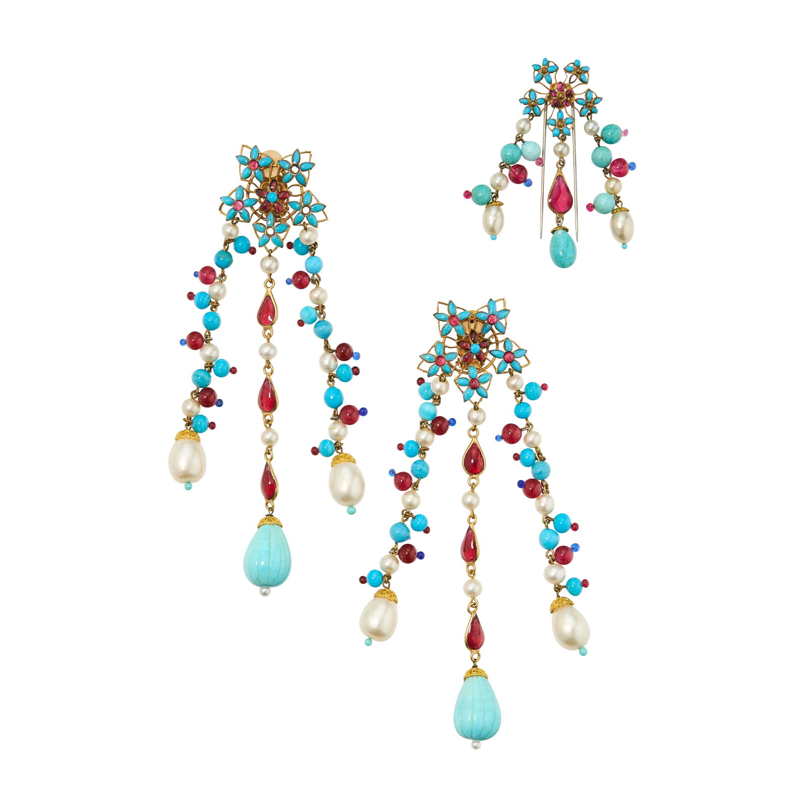 A TURQUOISE & RED GLASS AND FAUX PEARL CHINOISERIE EARRINGS & BROOCH SET ATTRIBUTED TO CHANEL, CIRCA: Details EARRINGS GRADE: 3 BROOCH GRADE: 2 Earrings: 15 l x 4 w cm Brooch: 6 l x 3 w cm