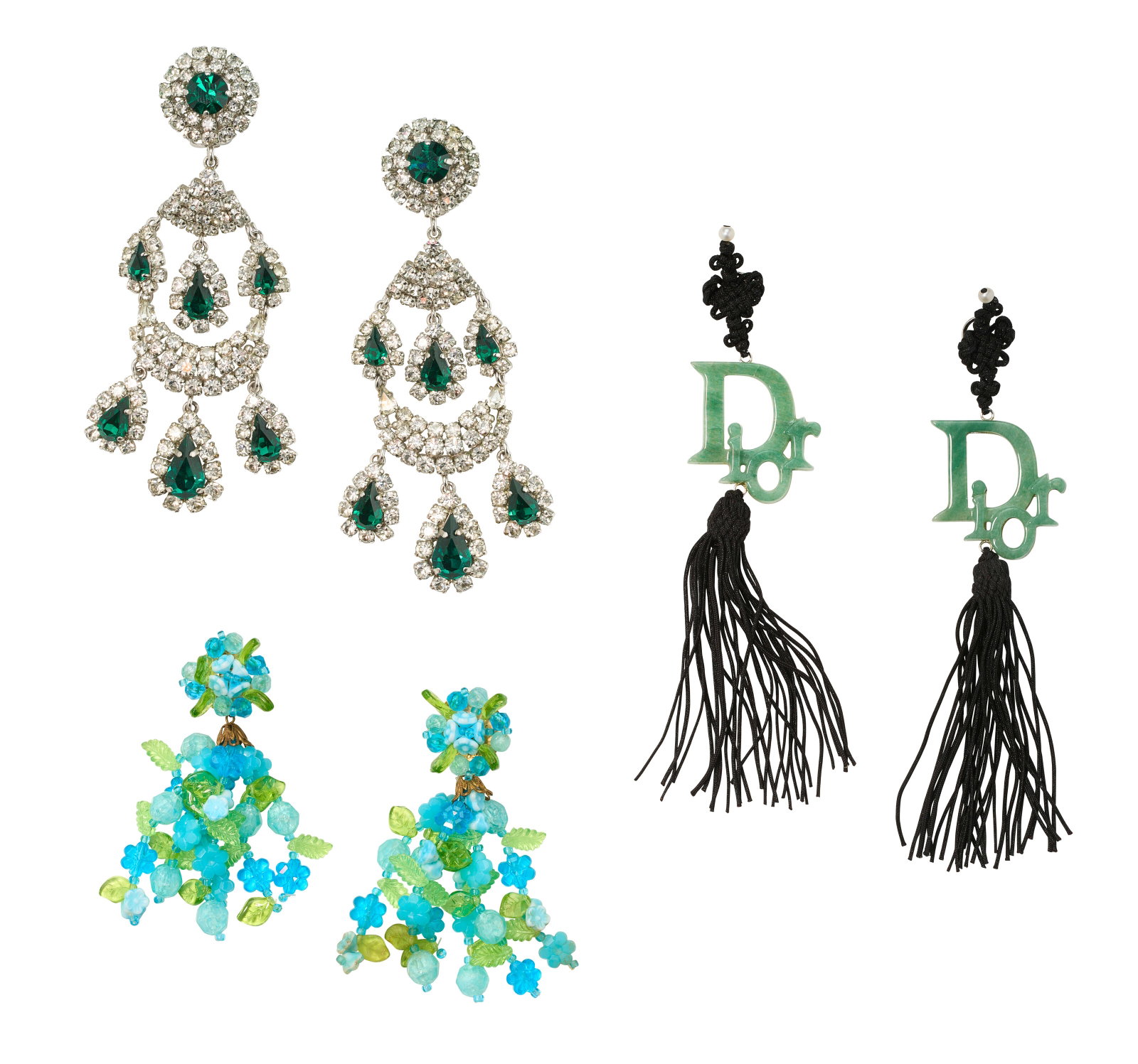 A SET OF THREE: GREEN & STRASS CRYSTAL CHANDELEIR, BLUE FLORAL GLASS, AND GREEN LOGO CHINESE KNOT (1 of 4)