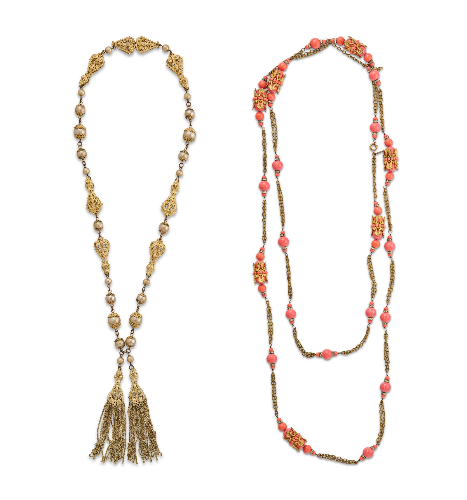 A PAIR OF PINK GLASS, FAUX PEARL, STRASS & FILIGREE NECKLACES CHANEL, 1990-1991ATTRIBUTED TO CHANEL,: Details GRADE: 2 Pink Necklace: 200 l x 1.5 w cm Tassel Necklace: 62 l x 1.5 w x 11 drop cm