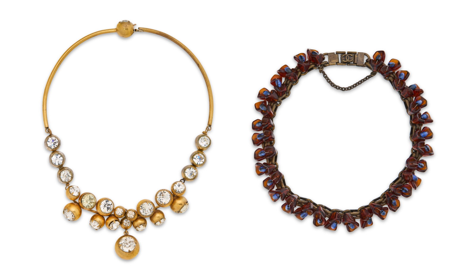 A PAIR OF AMBER & BLUE GLASS AND STRASS CRYSTAL NECKLACES CHANEL, 1971-1980CHANEL, CIRCA 1990s (1 of 4)