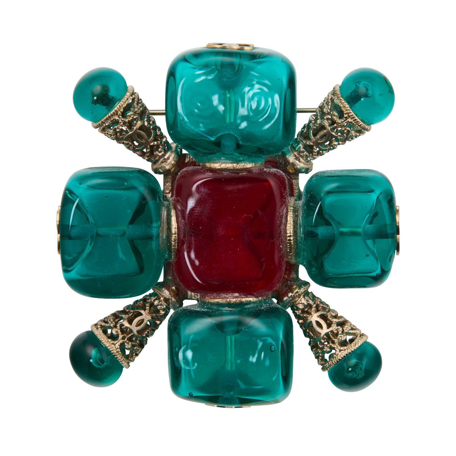 A GREEN & RED GRIPOIX GLASS BROOCH WITH ANTIQUED GOLD HARDWARE CHANEL, CIRCA 1990S: Details GRADE: 2 6 w x 6 h x .75 d cm Includes pouch and box.