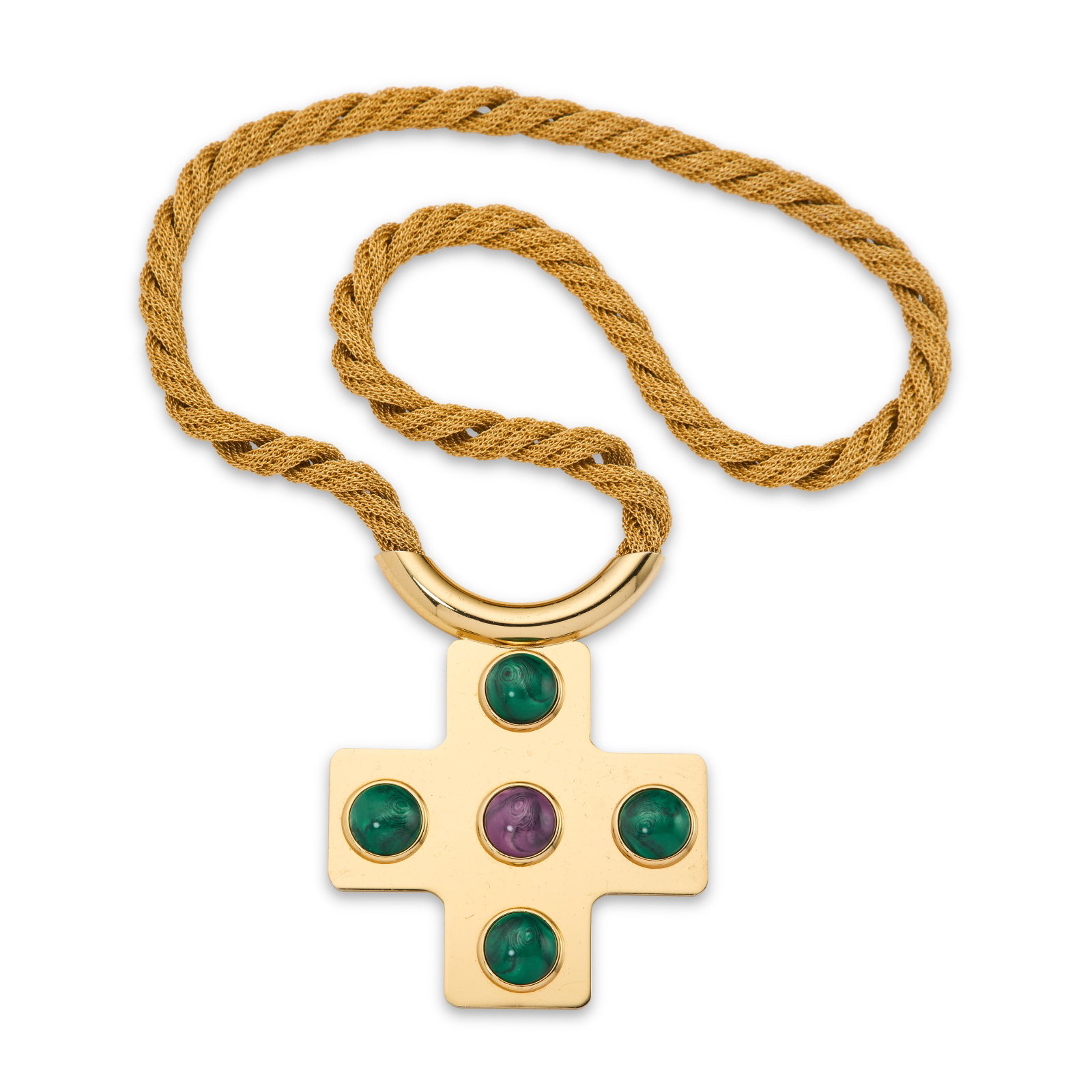 A MONUMENTAL GREEN & PURPLE GLASS AND GOLD METAL CROSS NECKLACE ATTRIBUTED TO DIOR, CIRCA 1970S (1 of 1)