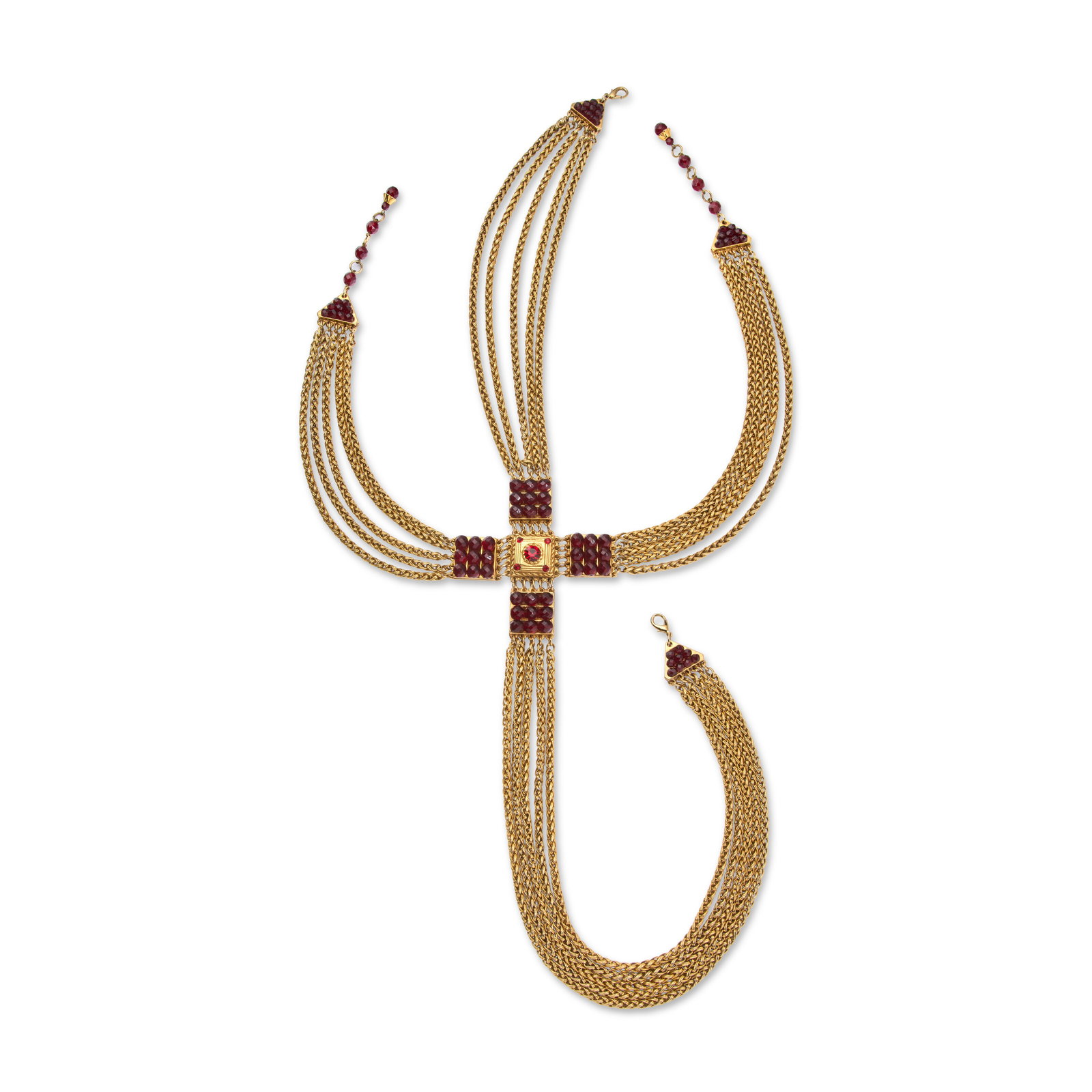 A RARE RED CRYSTAL & GOLD CHAIN CROSS HARNESS CLAIRE DEVE, CIRCA 1984-1996: Details GRADE: 2 76 neck l x 82 w l cm