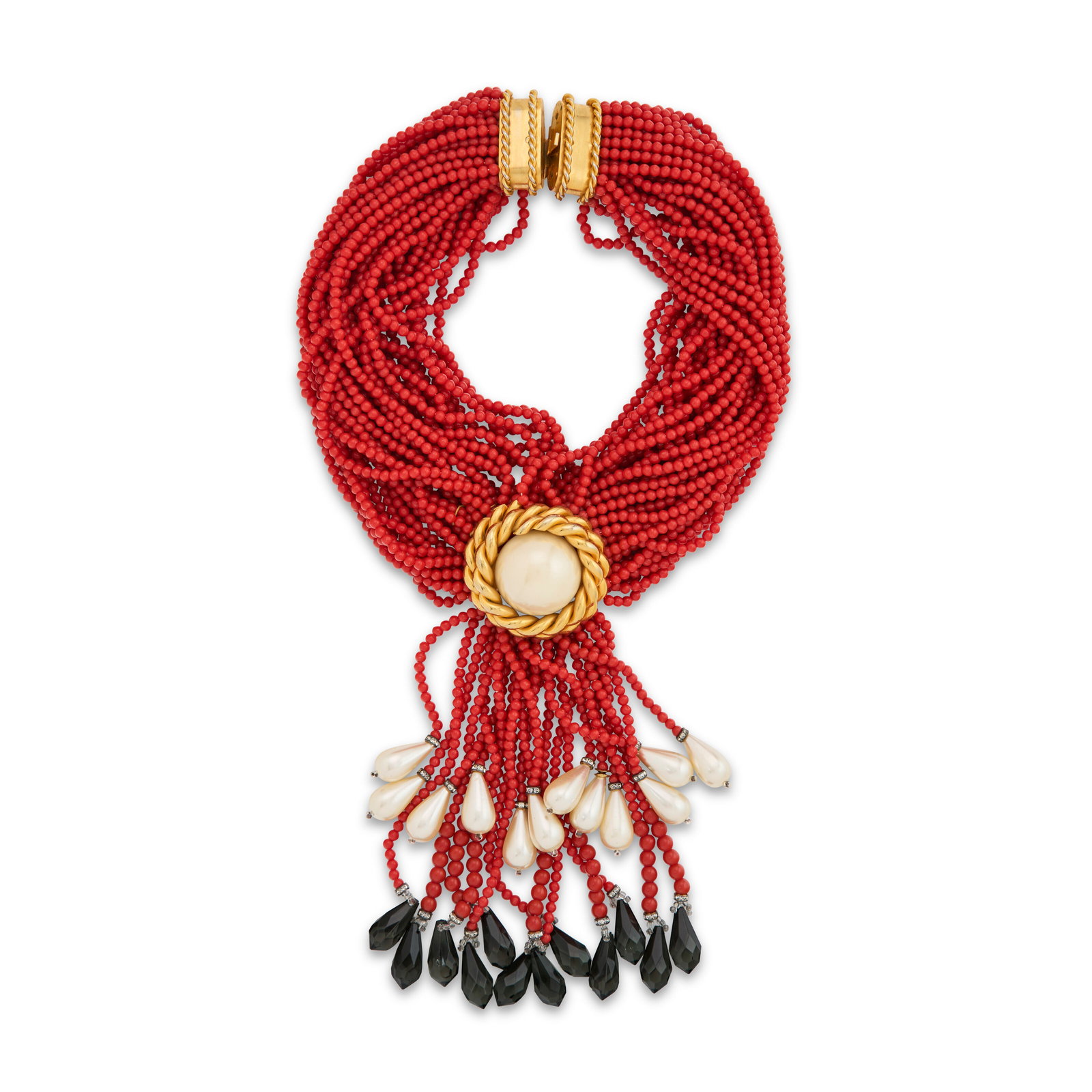 A DRAMATIC FAUX CORAL BEAD, FAUX PEARL & GREEN CRYSTAL STATEMENT NECKLACE VALENTINO NIGHT, CIRCA (1 of 2)