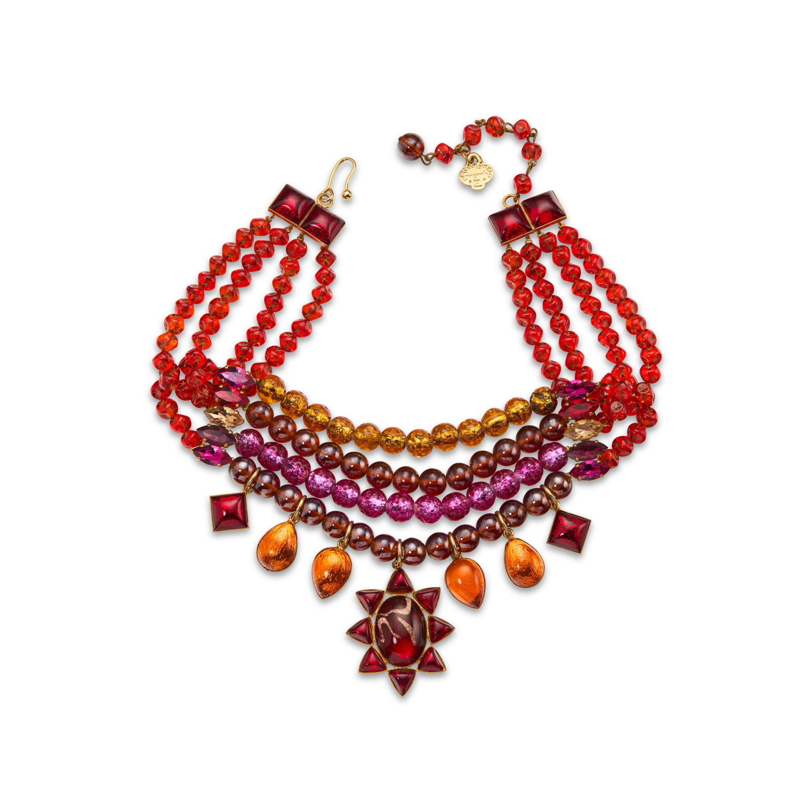 AN AMBER, ORANGE, RED & PURPLE GLASS NECKLACE YVES SAINT LAURENT RIVE GAUCHE, CIRCA 1980S: Details GRADE: 2 Clasp to clasp: 45 l cm