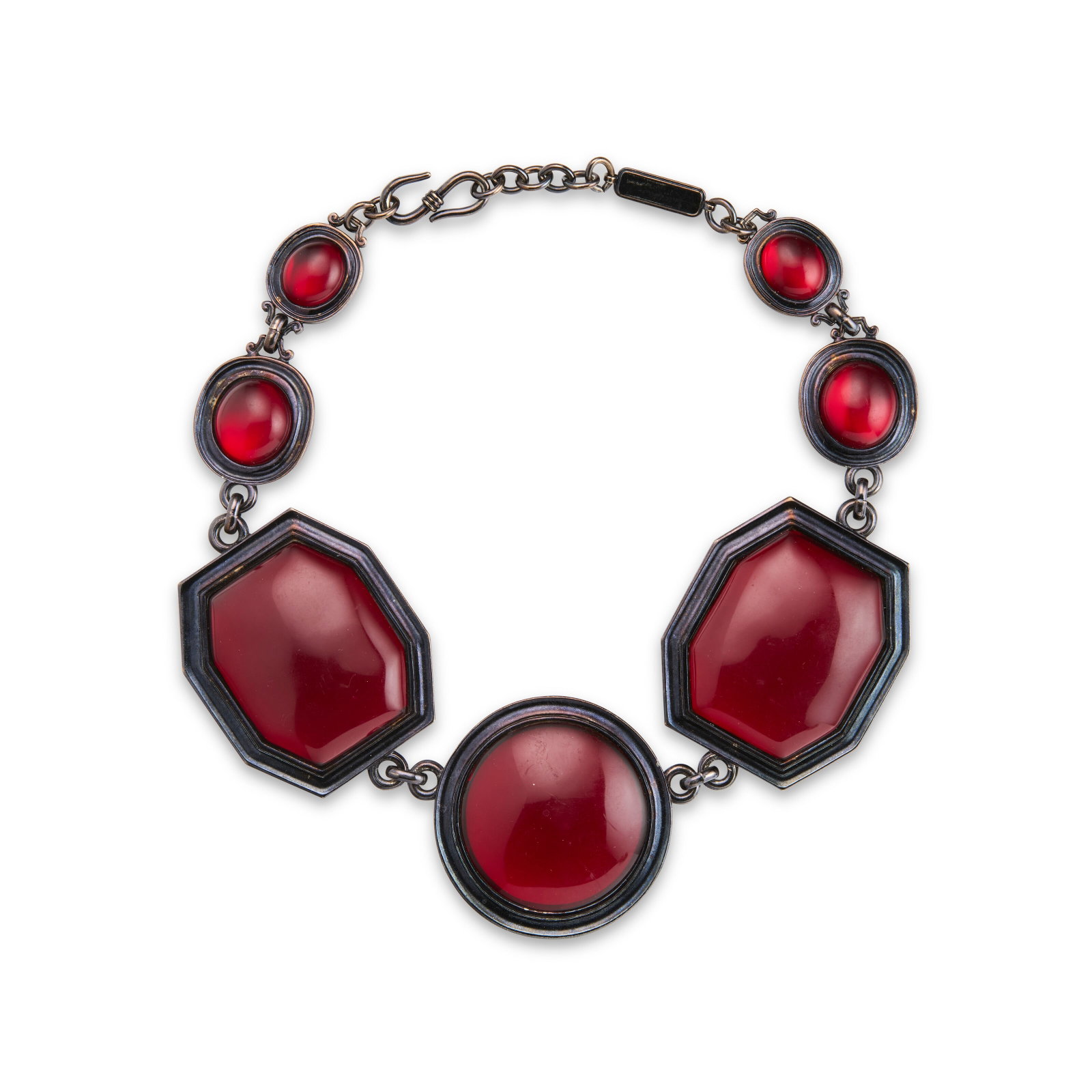 A MONUMENTAL RED GLASS & GUNMENTAL STATEMENT NECKLACE YVES SAINT LAURENT, CIRCA 1980S (1 of 1)