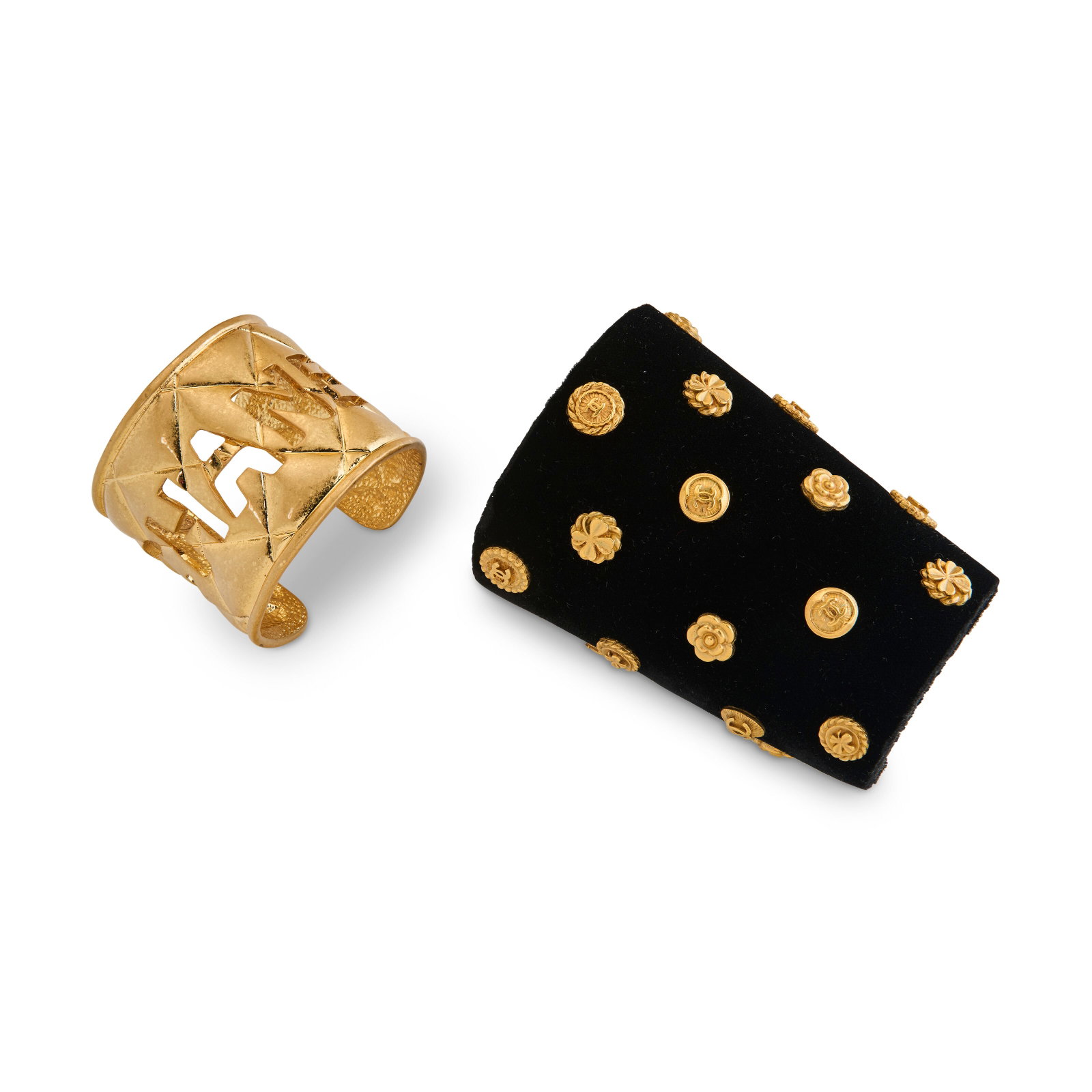 A SET OF TWO: A QUILTED LASER CUT LOGO GOLD METAL CUFF & A BLACK VELVET LUCKY CHARMS CUFF CHANEL, (1 of 4)