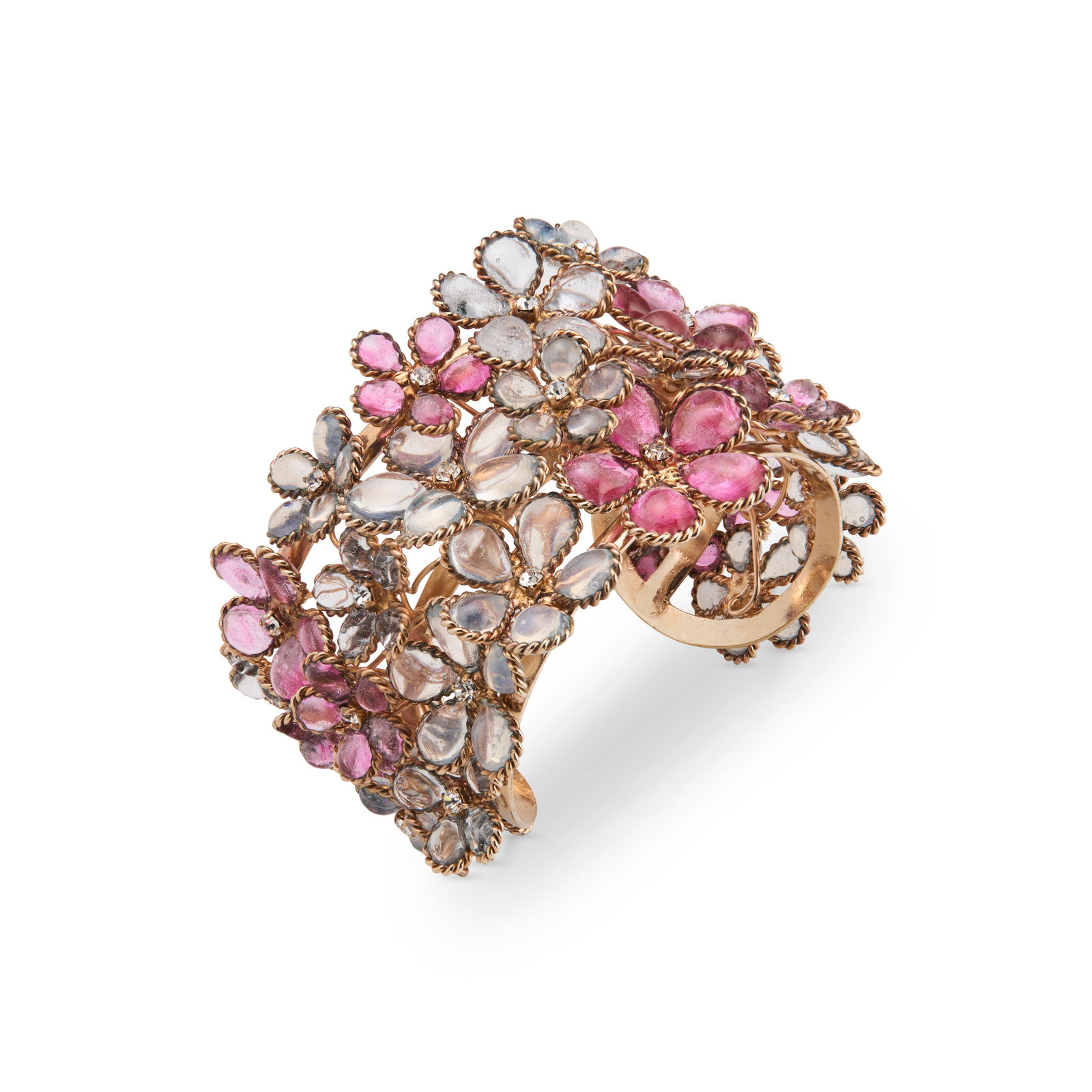 A PINK GLASS & STRASS CRYSTAL FLORAL CUFF AUGUSTINE BY THIERRY GRIPOIX, CIRCA 1990S (1 of 3)